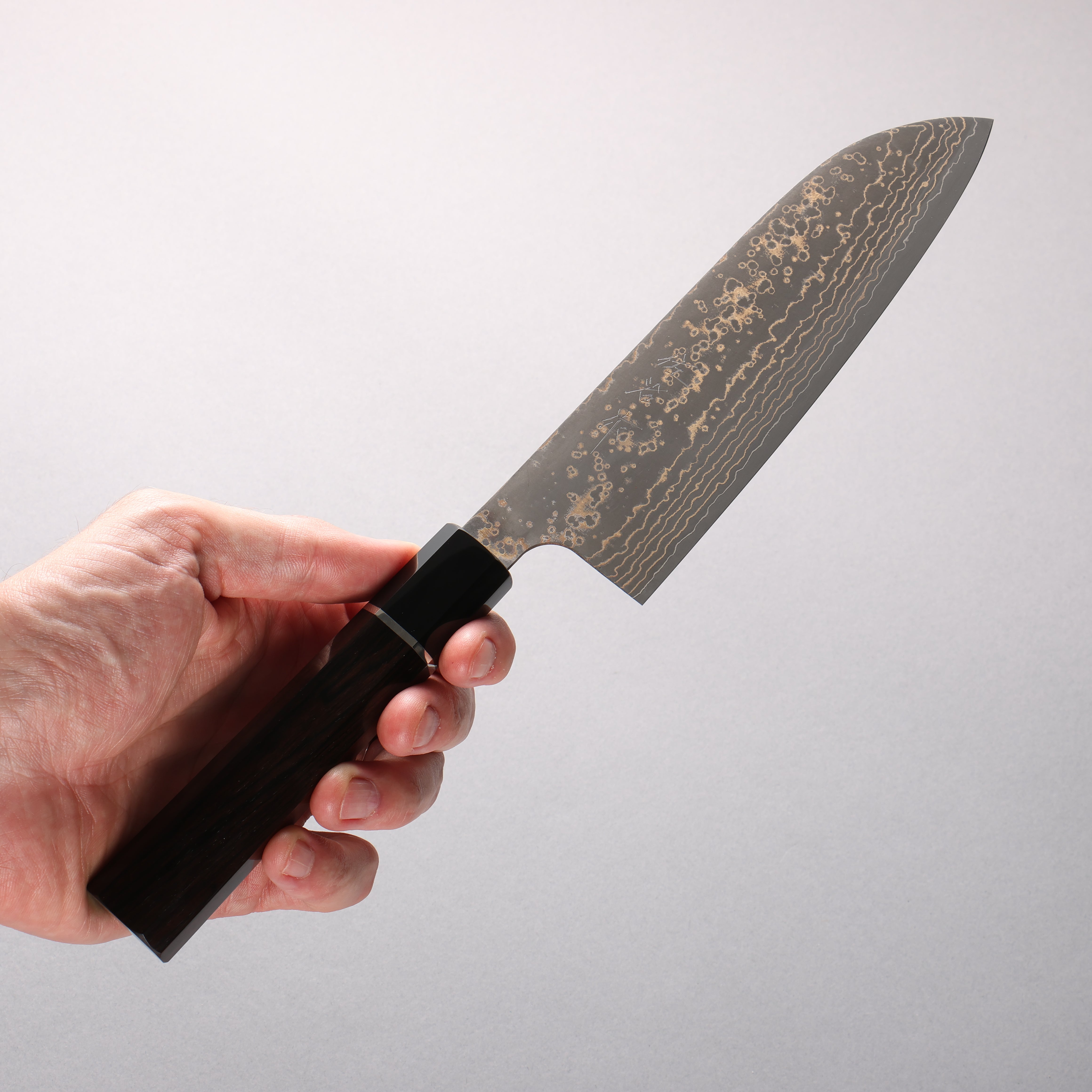 Takeshi Saji VG10w Colored Damascus Nashiji Santoku 180mm Ebony Wood (ferrule: Black Water Buffalo Horn And Silver Ring) Handle