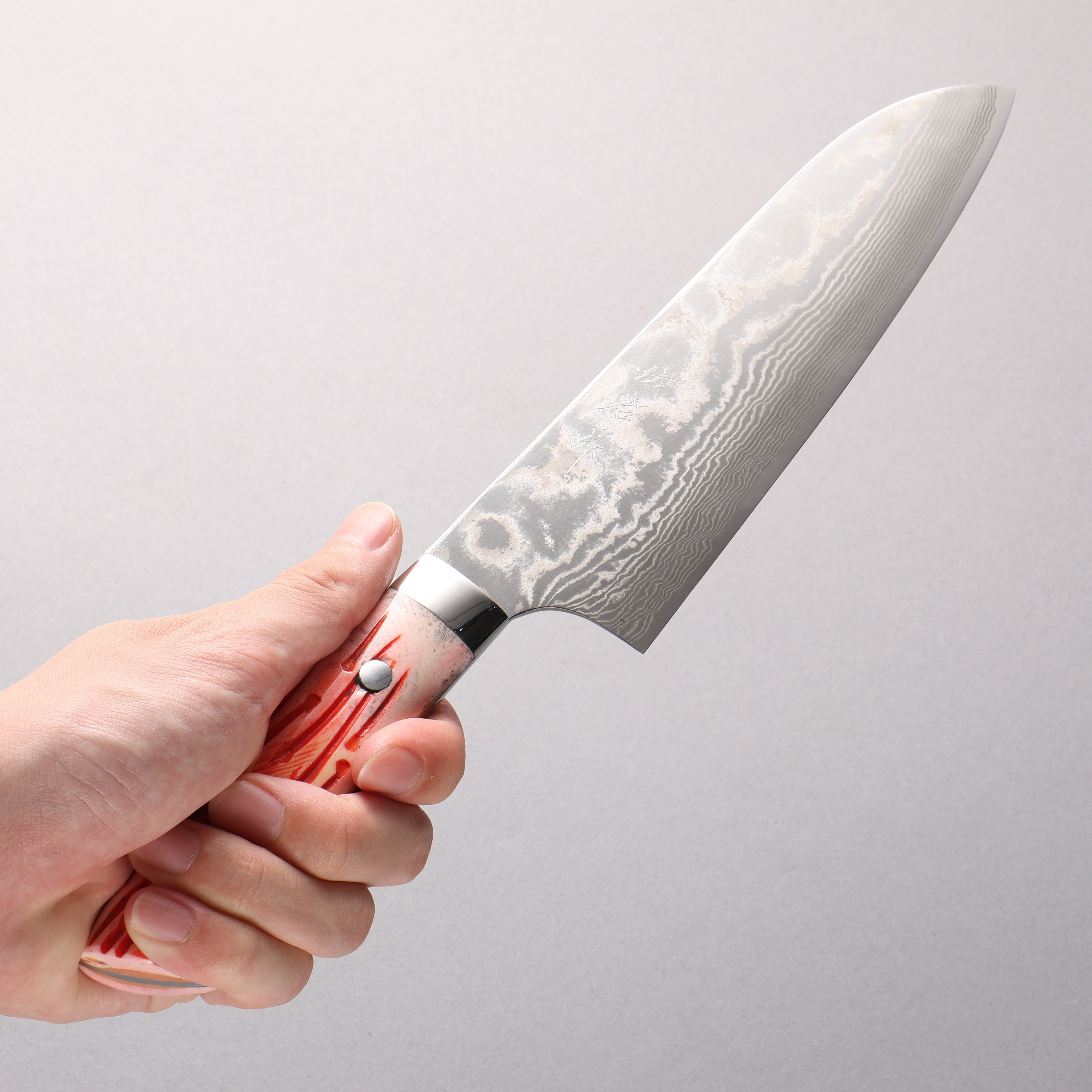 Takeshi Saji SPG STRIX Damascus Santoku 180mm Orange Cow Bone Handle