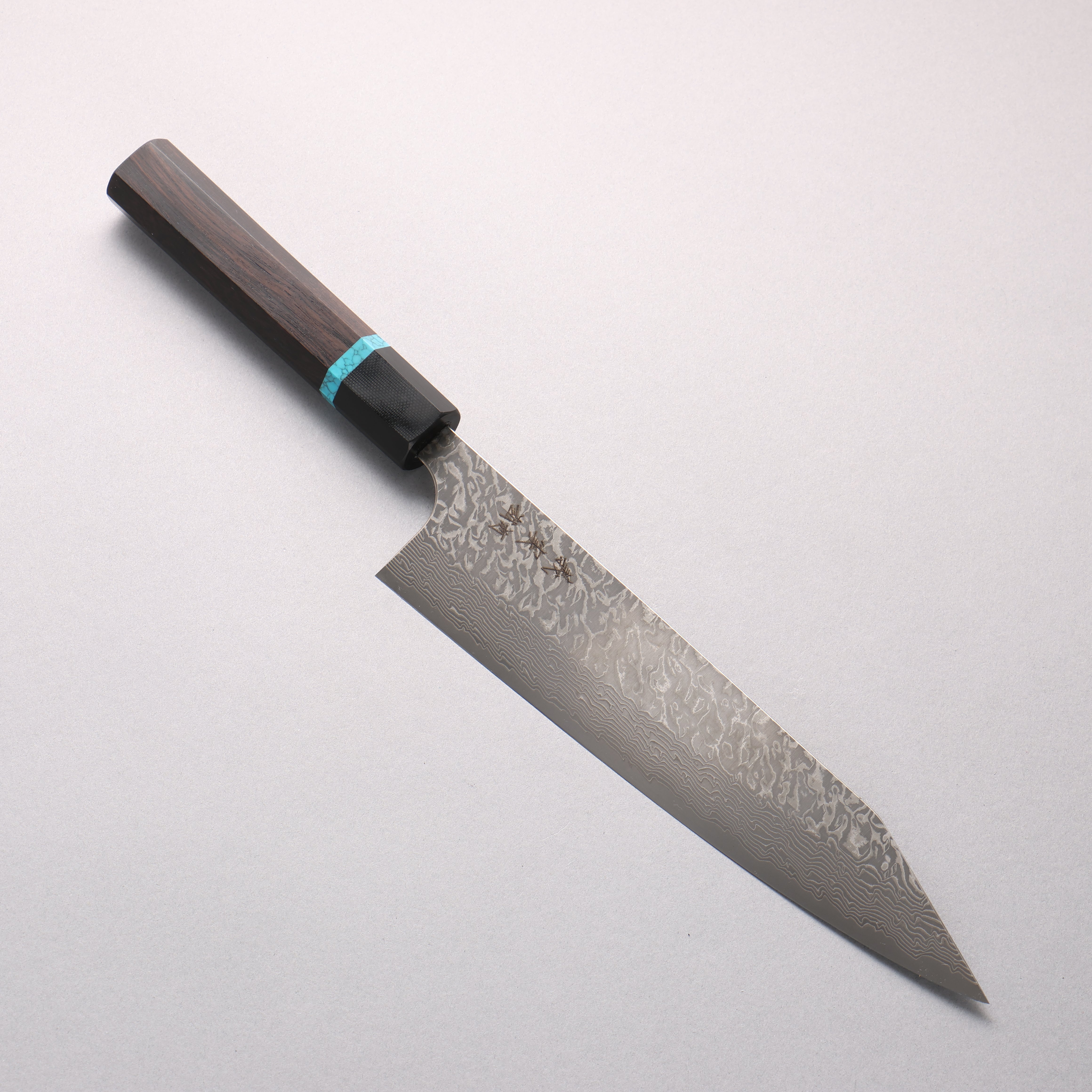 Yoshimi Kato VG10 Black Damascus Kiritsuke Gyuto 210mm African Rosewood with Blue Turquoise Ring (ferrule: G10) Handle