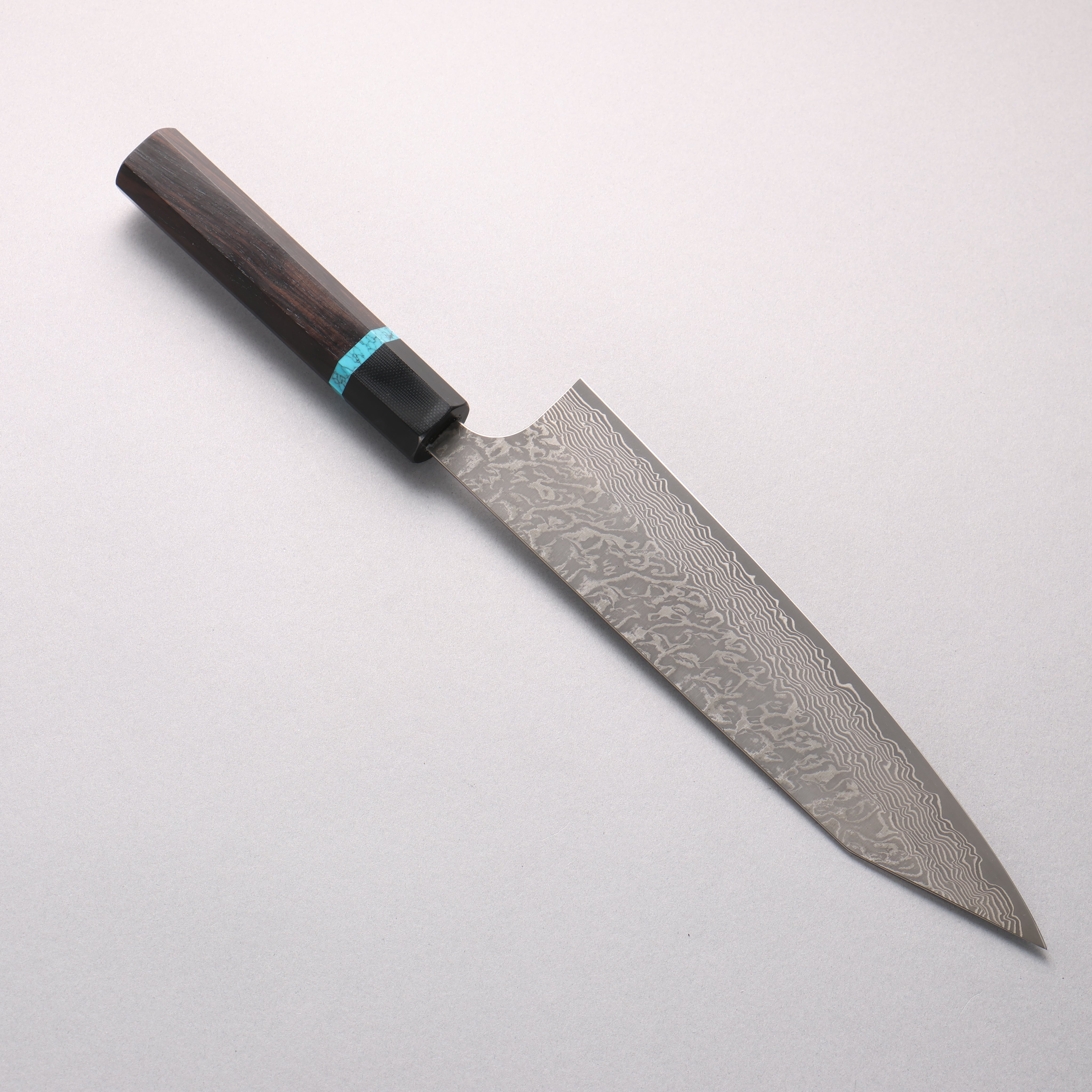 Yoshimi Kato VG10 Black Damascus Kiritsuke Gyuto 210mm African Rosewood with Blue Turquoise Ring (ferrule: G10) Handle