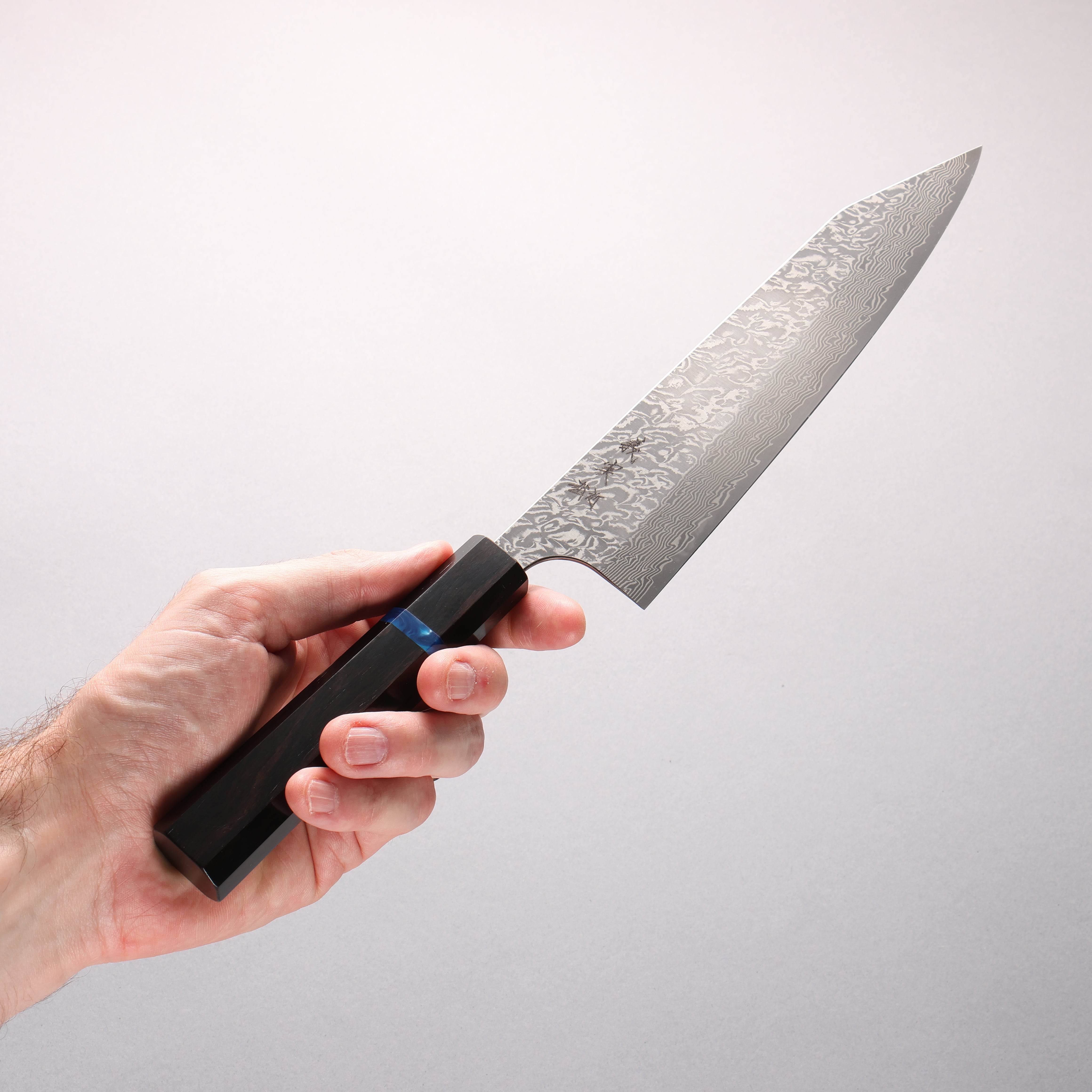 Yoshimi Kato VG10 Black Damascus Kiritsuke Gyuto 210mm Ebony (Blue Ring) Handle