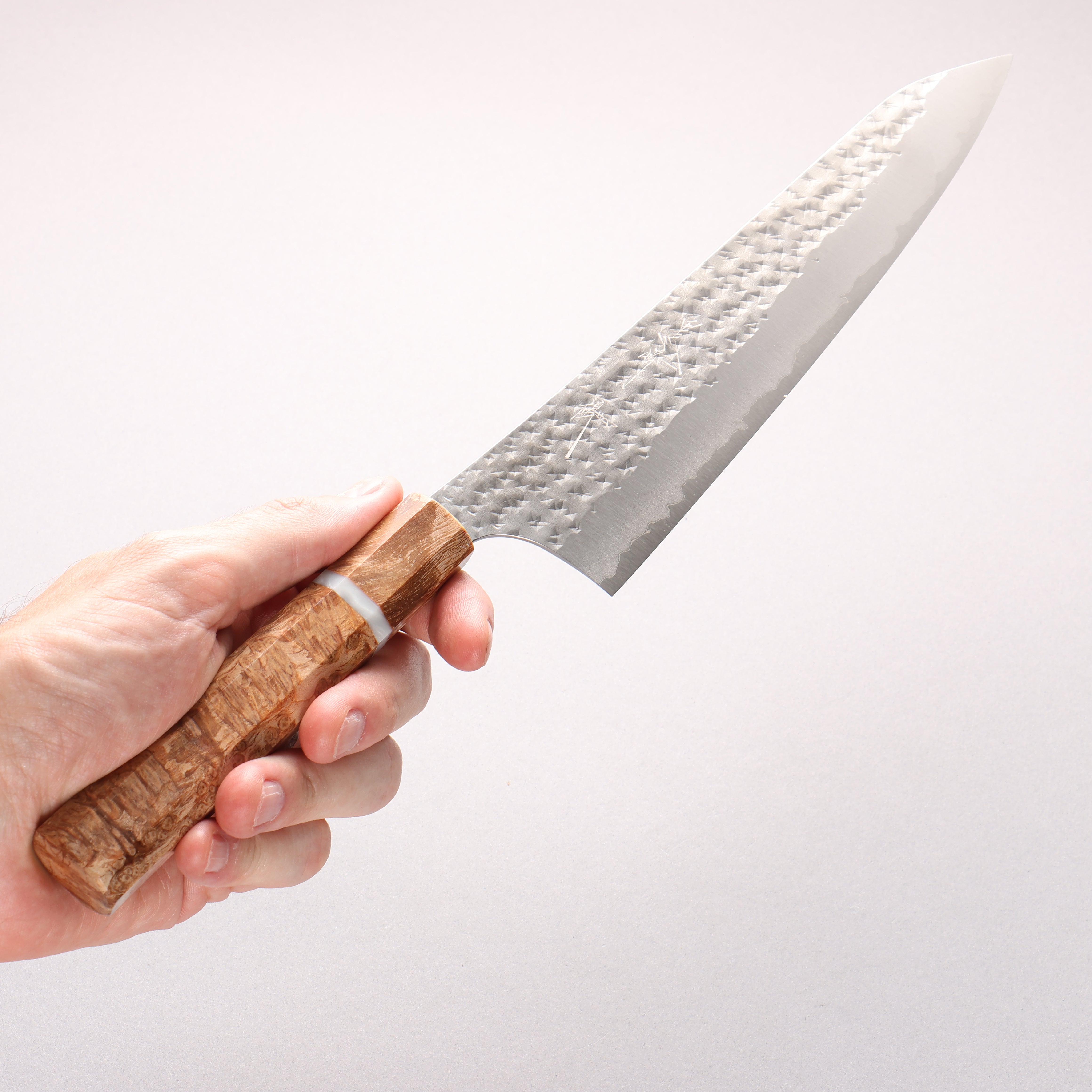 Yu Kurosaki Kokusen Blue Super Hammered Gyuto 210mm Brown Stabilized Wood (White Ring) Handle