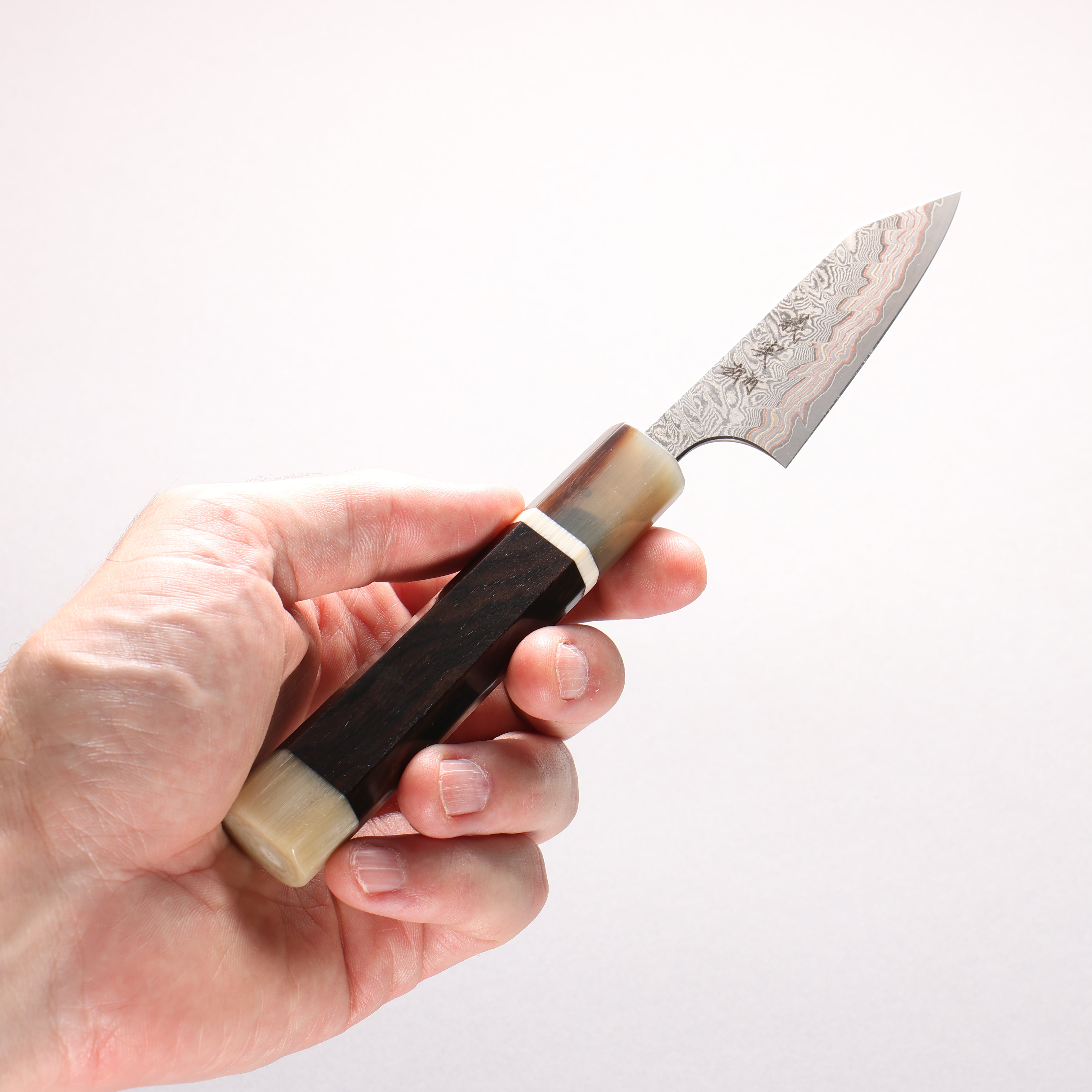 Yoshimi Kato VG10w Colored Damascus Kiritsuke Petty-Utility 80mm African Rosewood (with Double White Buffalo Horn) Handle