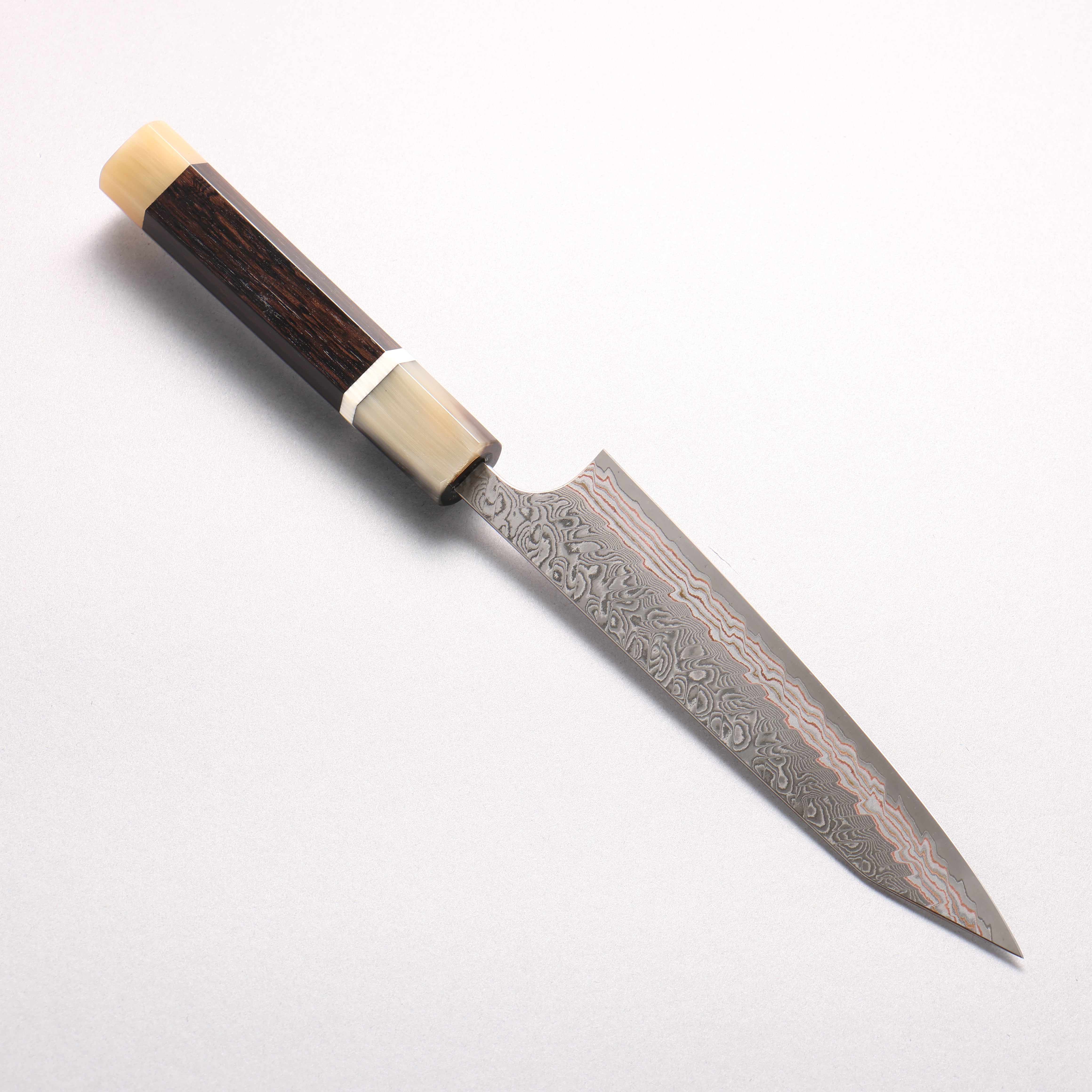 Yoshimi Kato VG10w Colored Damascus Kiritsuke Petty-Utility 150mm African Rosewood (with Double White Buffalo Horn) Handle