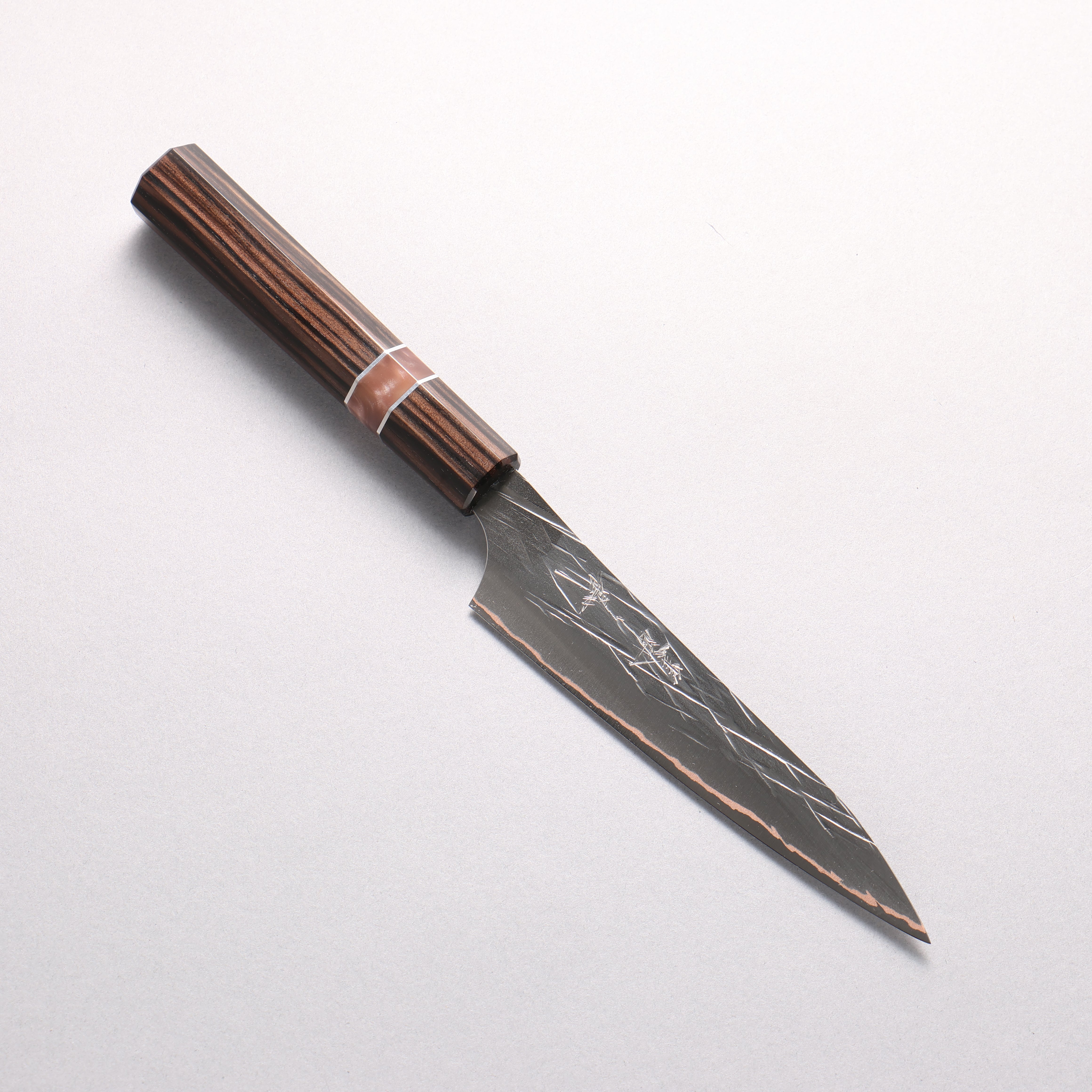 Yu Kurosaki Raijin VG10w Hammered Copper Layered Petty-Utility 130mm Ebony Wood (with Pink Gold Colored Resin and Silver Ring) Handle - Seisuke Knife