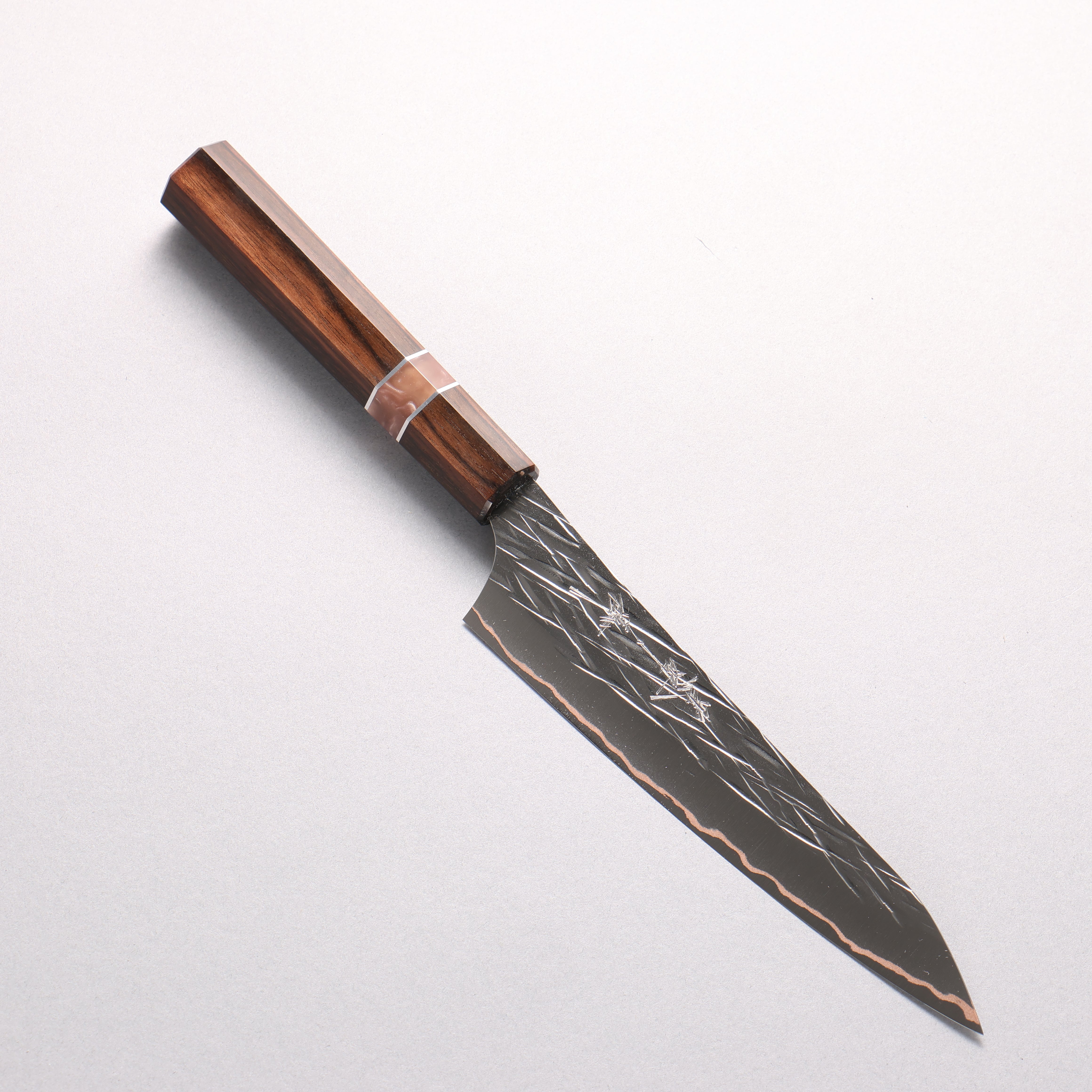 Yu Kurosaki Raijin VG10w Hammered Copper Layered Petty-Utility 150mm Ebony Wood (with Pink Gold Colored Resin and Silver Ring) Handle