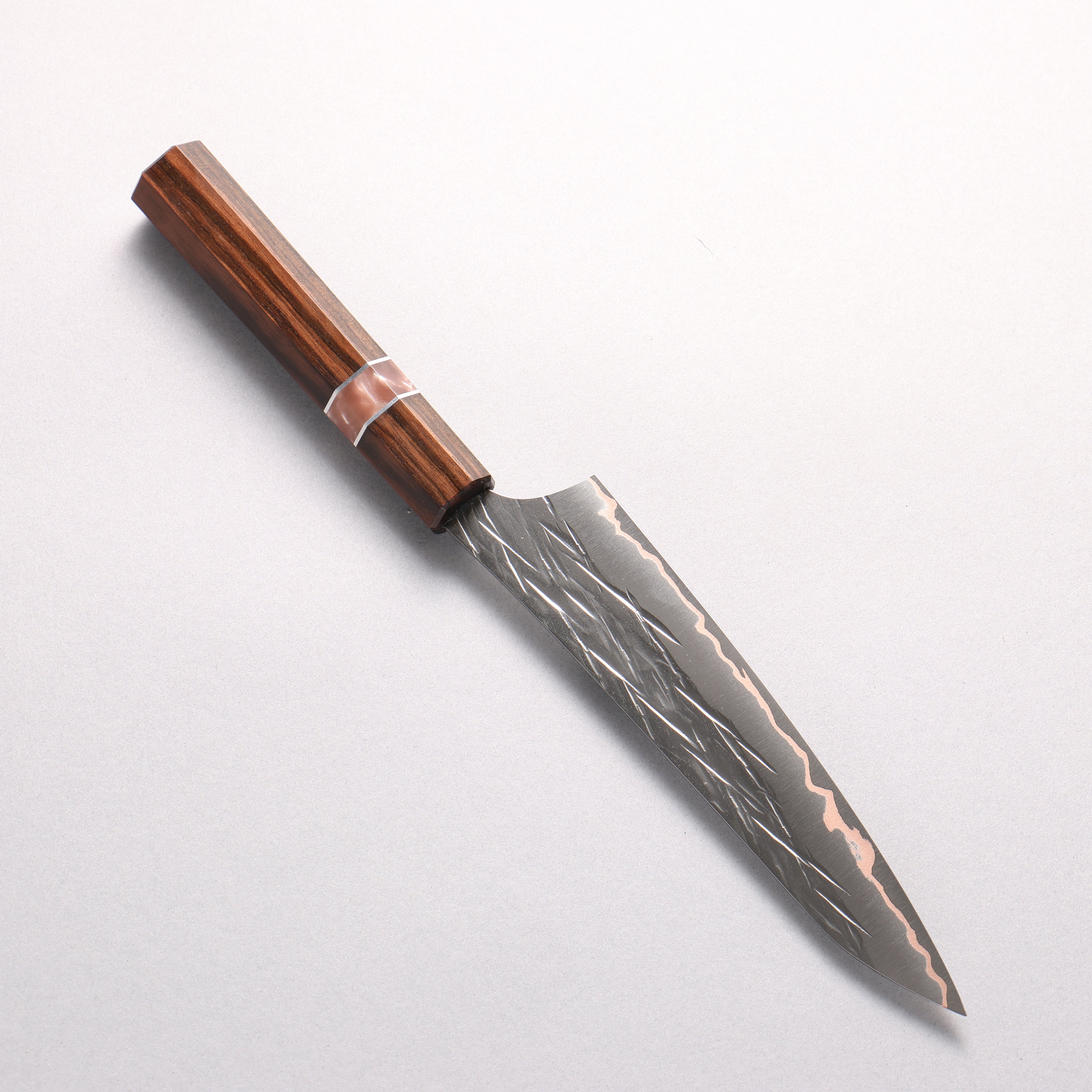 Yu Kurosaki Raijin VG10w Hammered Copper Layered Petty-Utility 150mm Ebony Wood (with Pink Gold Colored Resin and Silver Ring) Handle