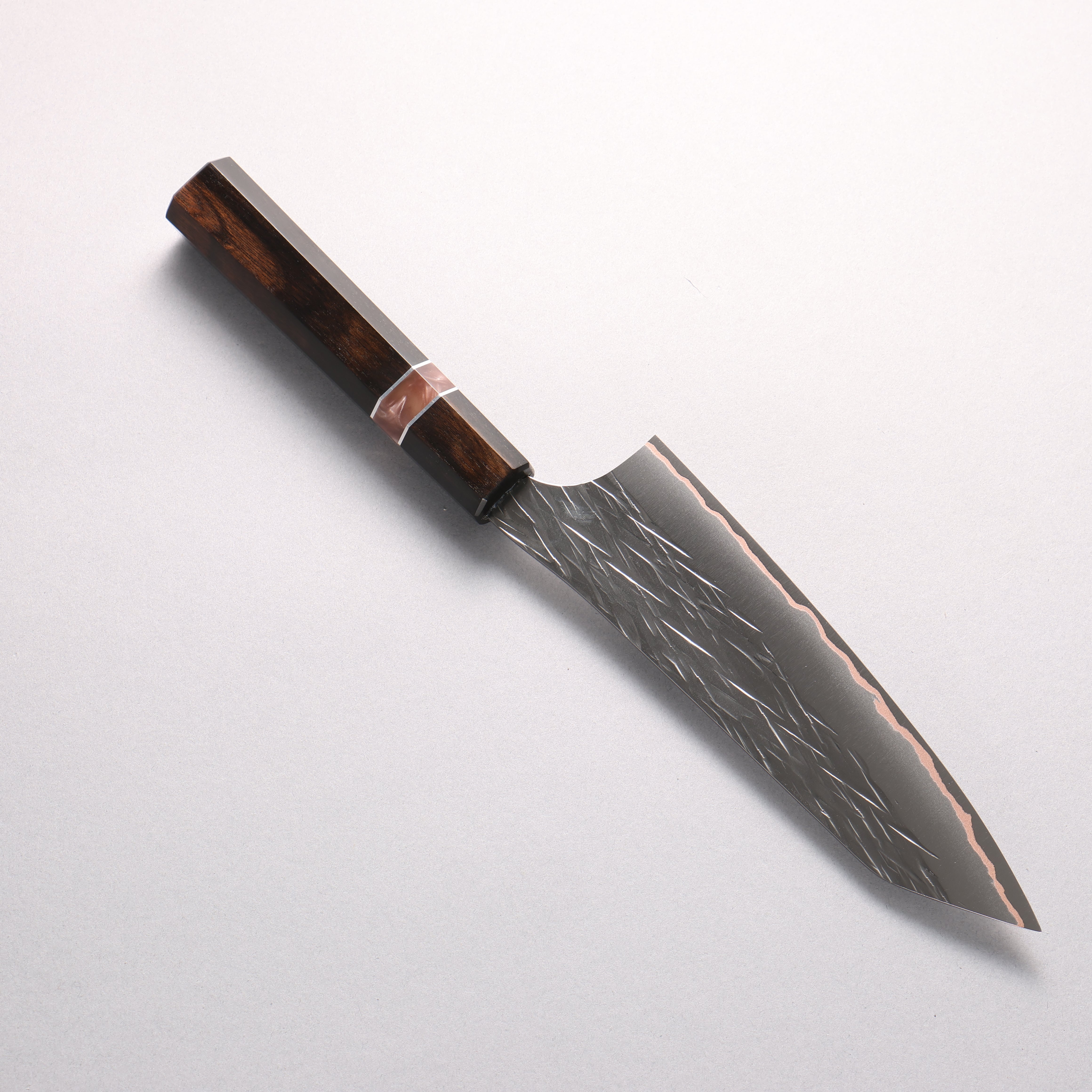 Yu Kurosaki Raijin VG10w Hammered Copper Layered Bunka 170mm Ebony Wood (with Pink Gold Colored Resin and Silver Ring) Handle