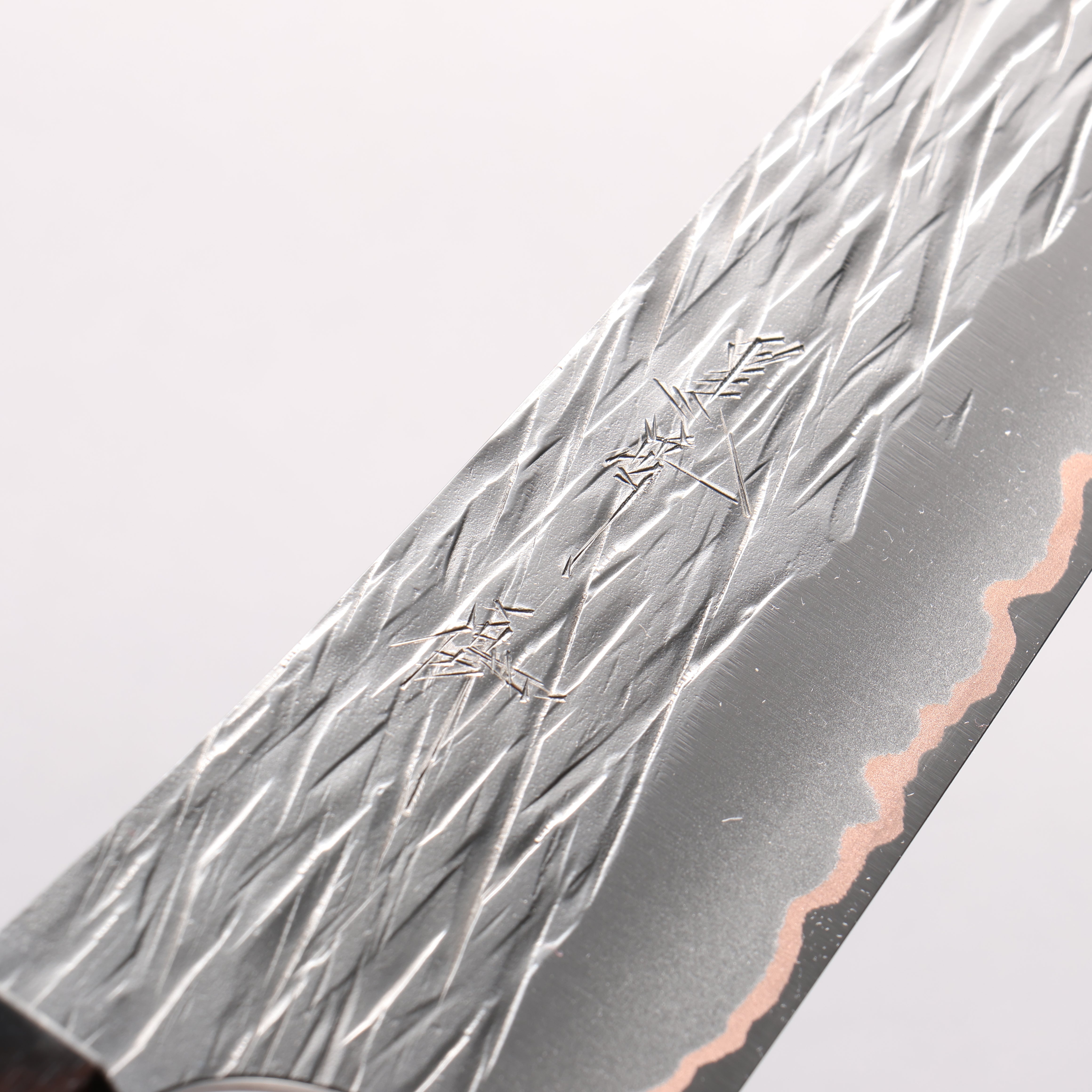 Yu Kurosaki Raijin VG10w Hammered Copper Layered Gyuto 210mm Ebony Wood (with Pink Gold Colored Resin and Silver Ring) Handle