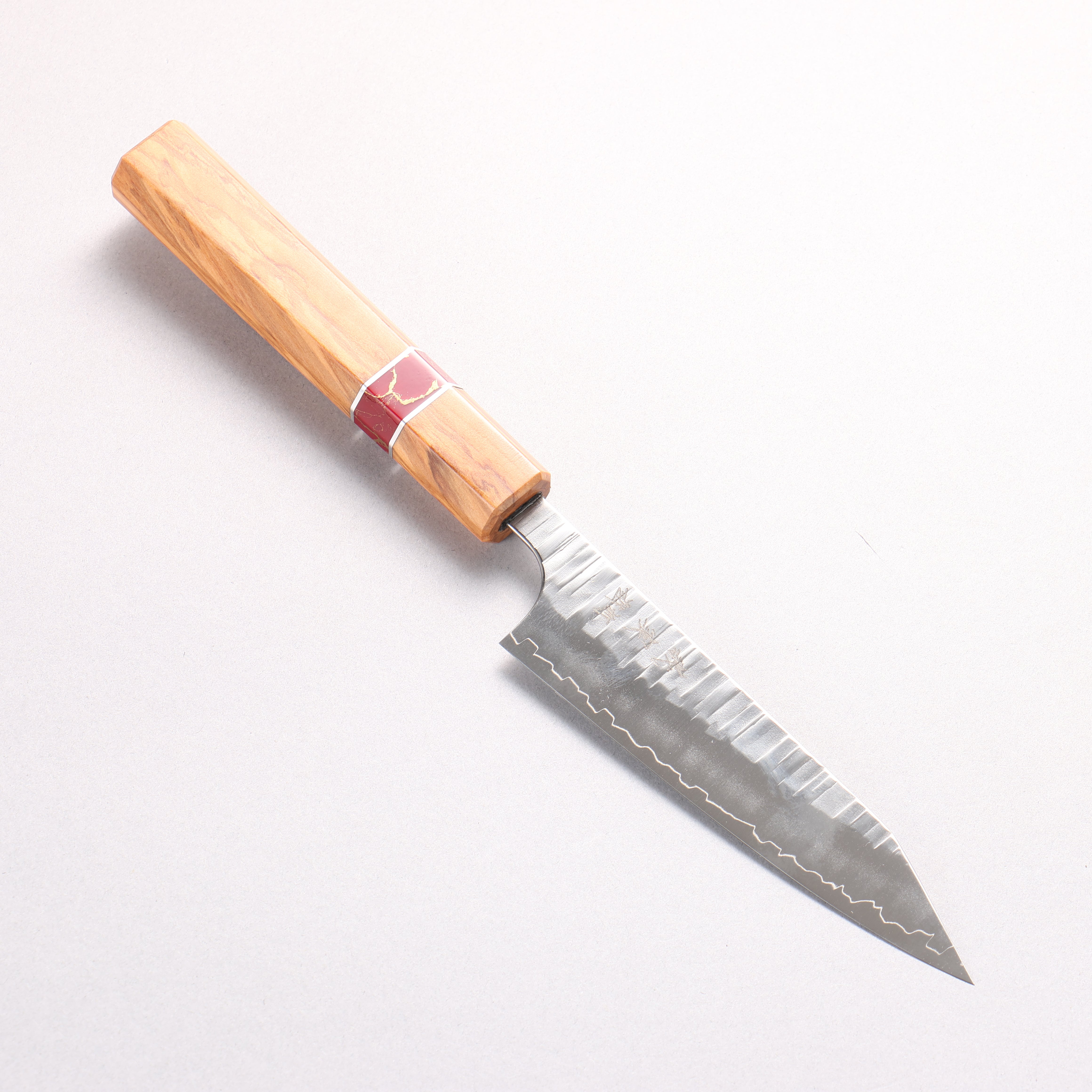 Yoshimi Kato Kasuri SPG STRIX Hammered Kiritsuke Petty-Utility 120mm Olive (Red Turquoise Ring) Handle