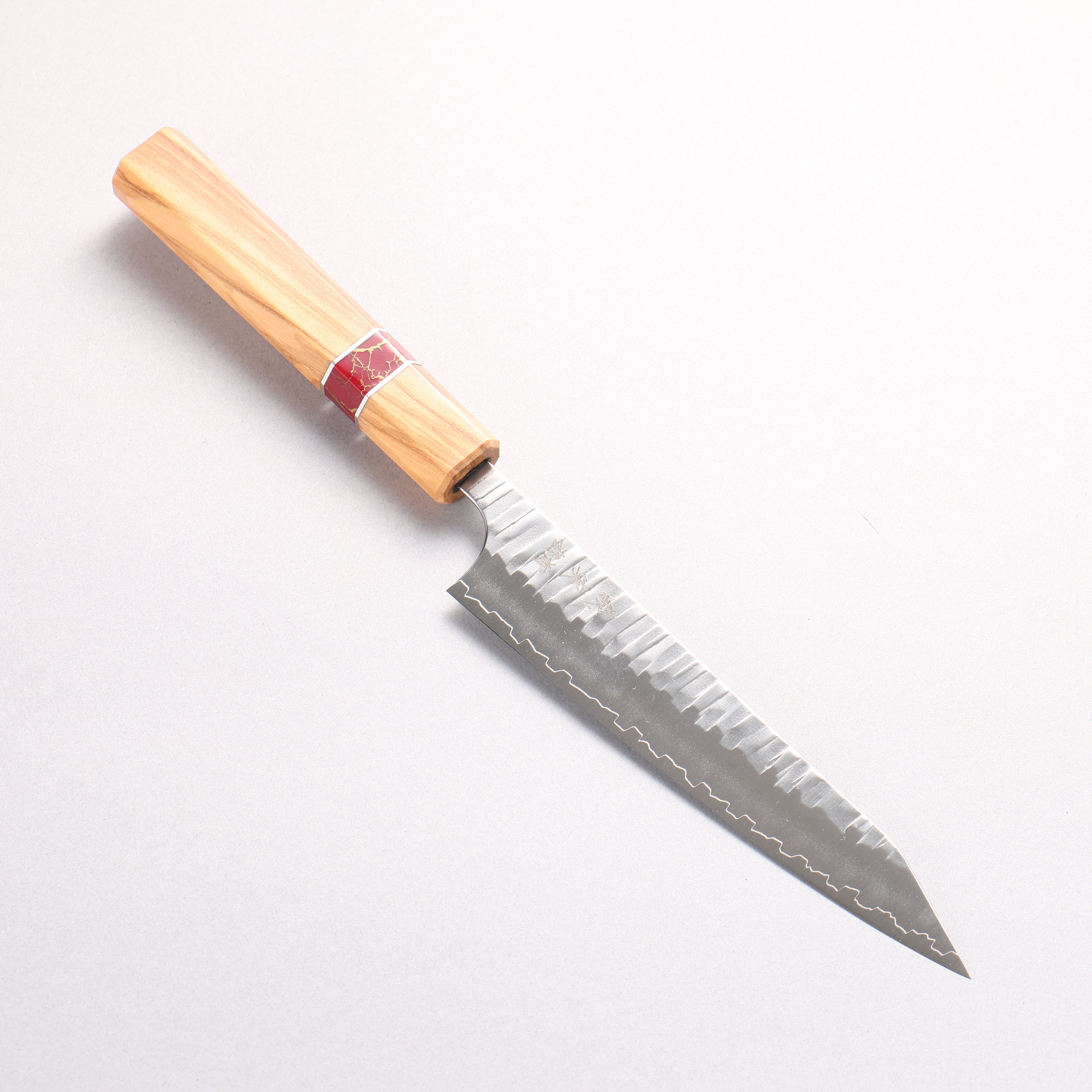 Yoshimi Kato Kasuri SPG STRIX Hammered Kiritsuke Petty-Utility 150mm Olive (Red Turquoise Ring) Handle