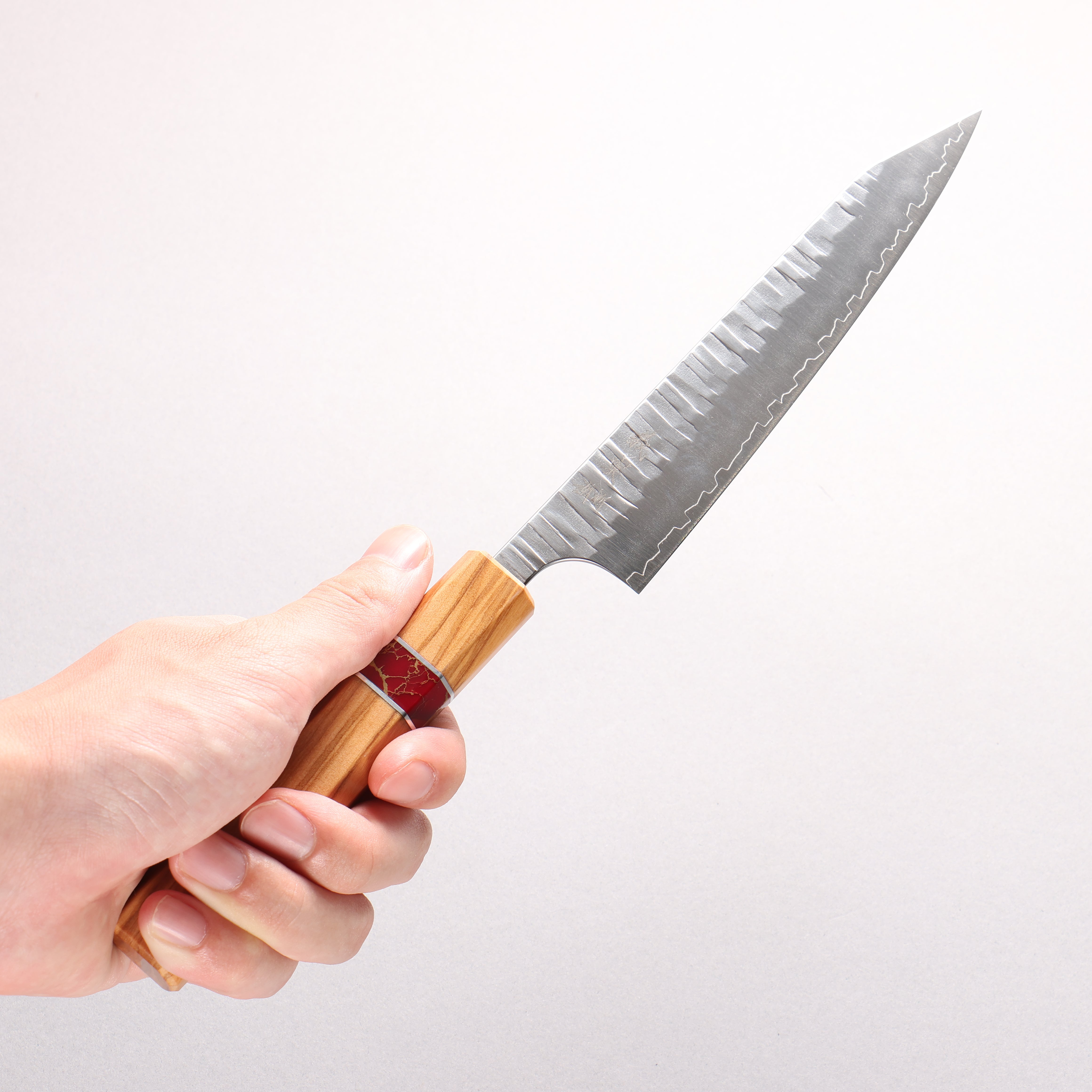 Yoshimi Kato Kasuri SPG STRIX Hammered Kiritsuke Petty-Utility 150mm Olive (Red Turquoise Ring) Handle