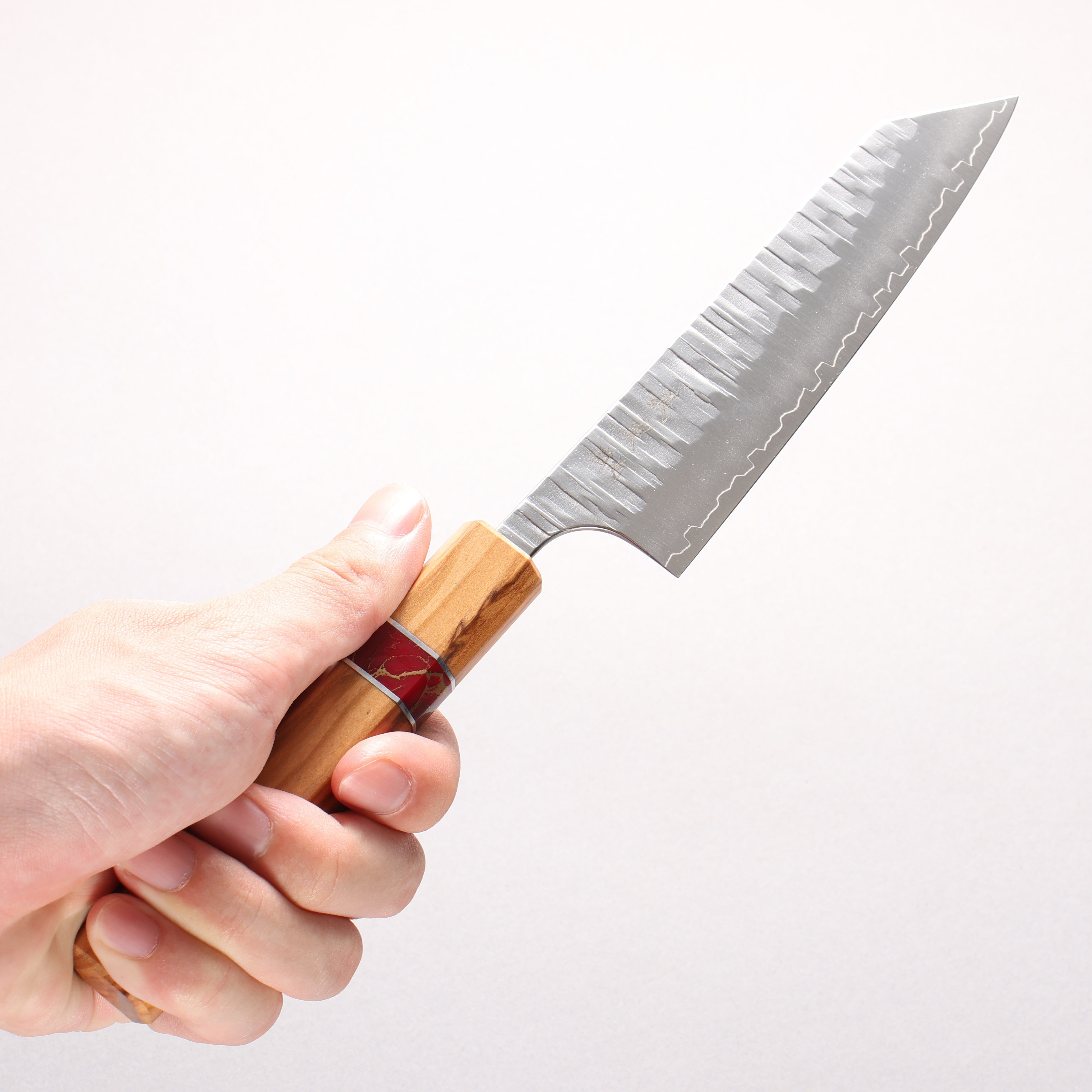 Yoshimi Kato Kasuri SPG STRIX Hammered Small Bunka 130mm Olive (Red Turquoise Ring) Handle