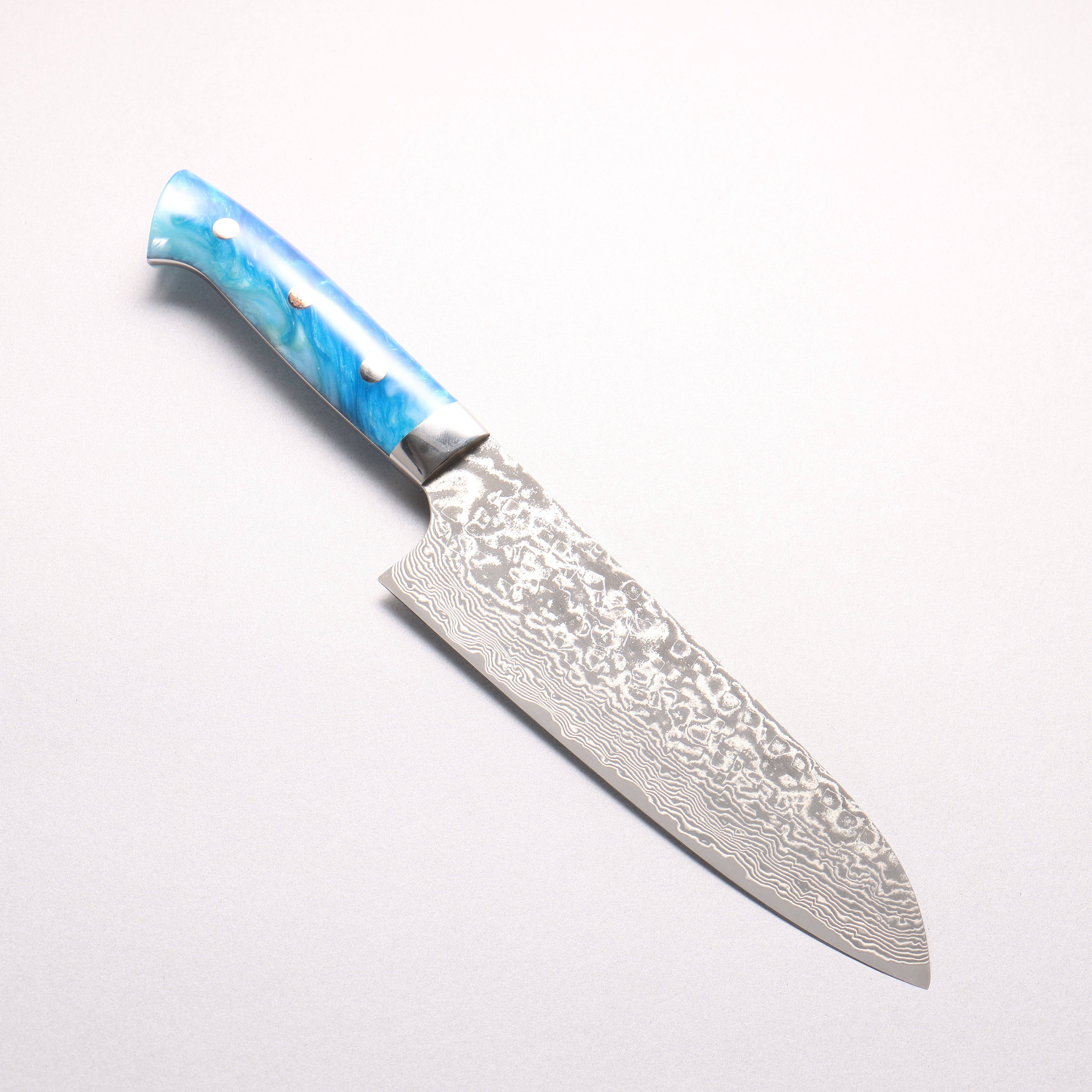 Takeshi Saji SG2 Black Damascus Santoku 180mm Blue and White Acrylic Handle