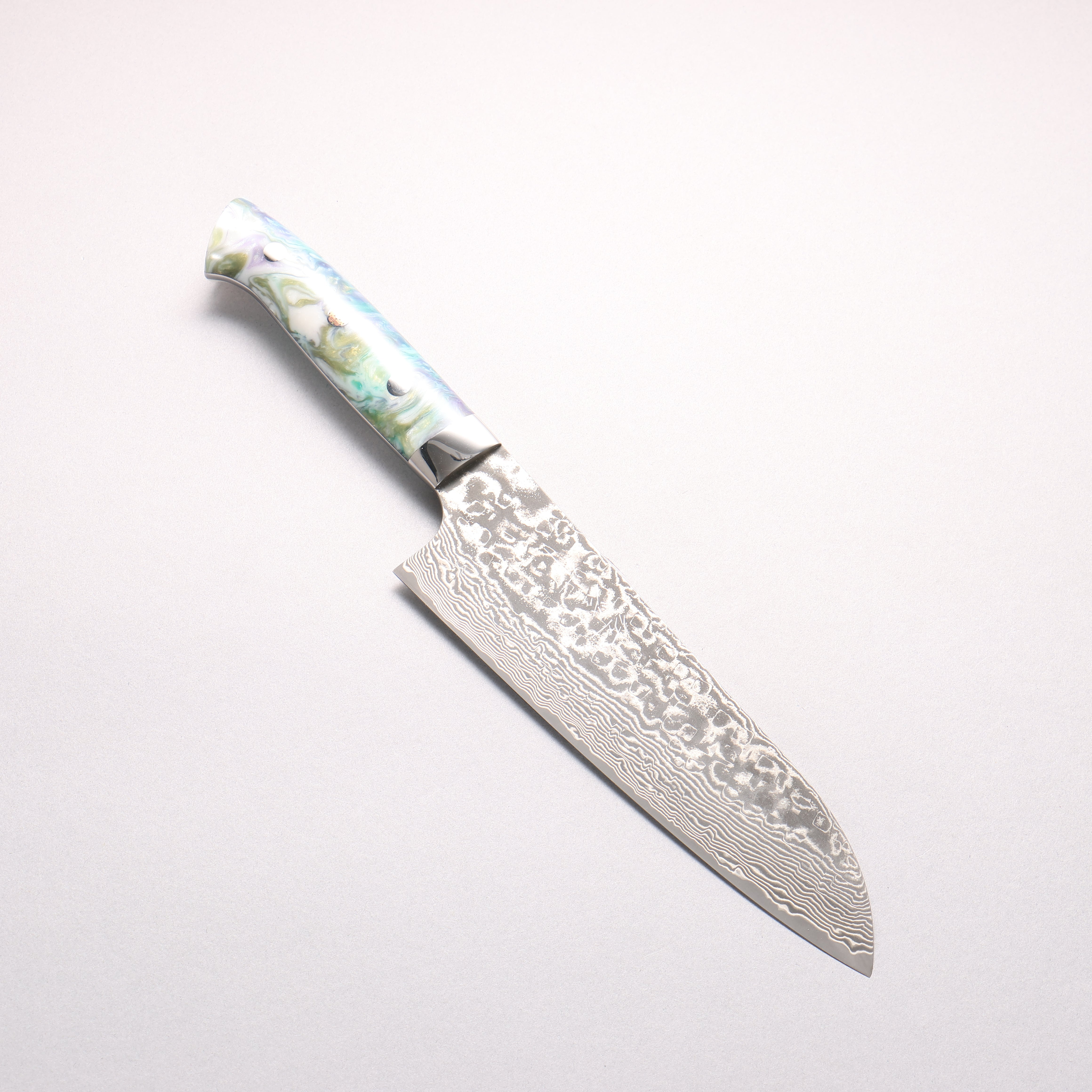 Takeshi Saji SG2 Black Damascus Santoku 180mm White and Blue Marble Acrylic Handle