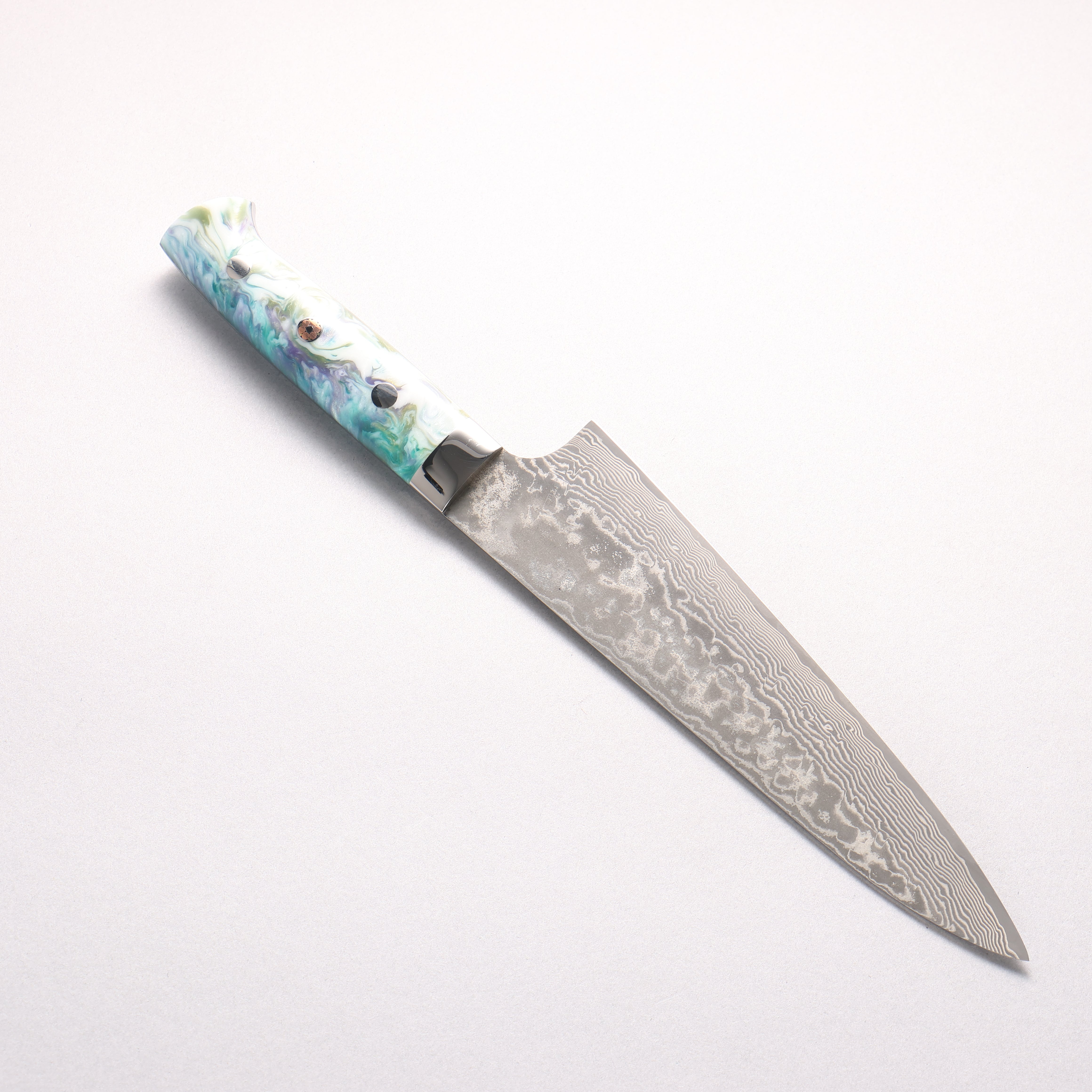 Takeshi Saji SG2 Black Damascus Gyuto 180mm White and Blue Marble Acrylic Handle