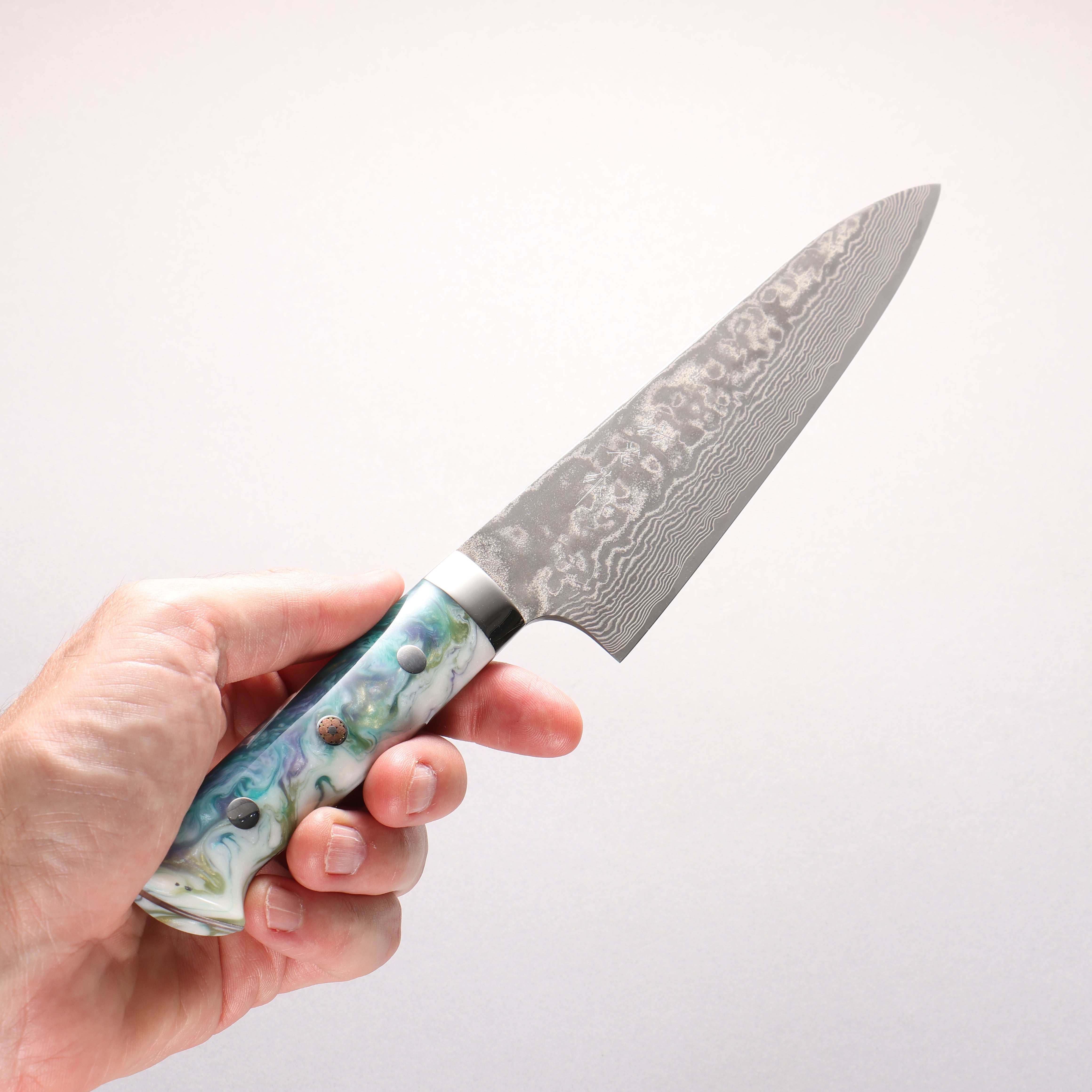 Takeshi Saji SG2 Black Damascus Gyuto 180mm White and Blue Marble Acrylic Handle