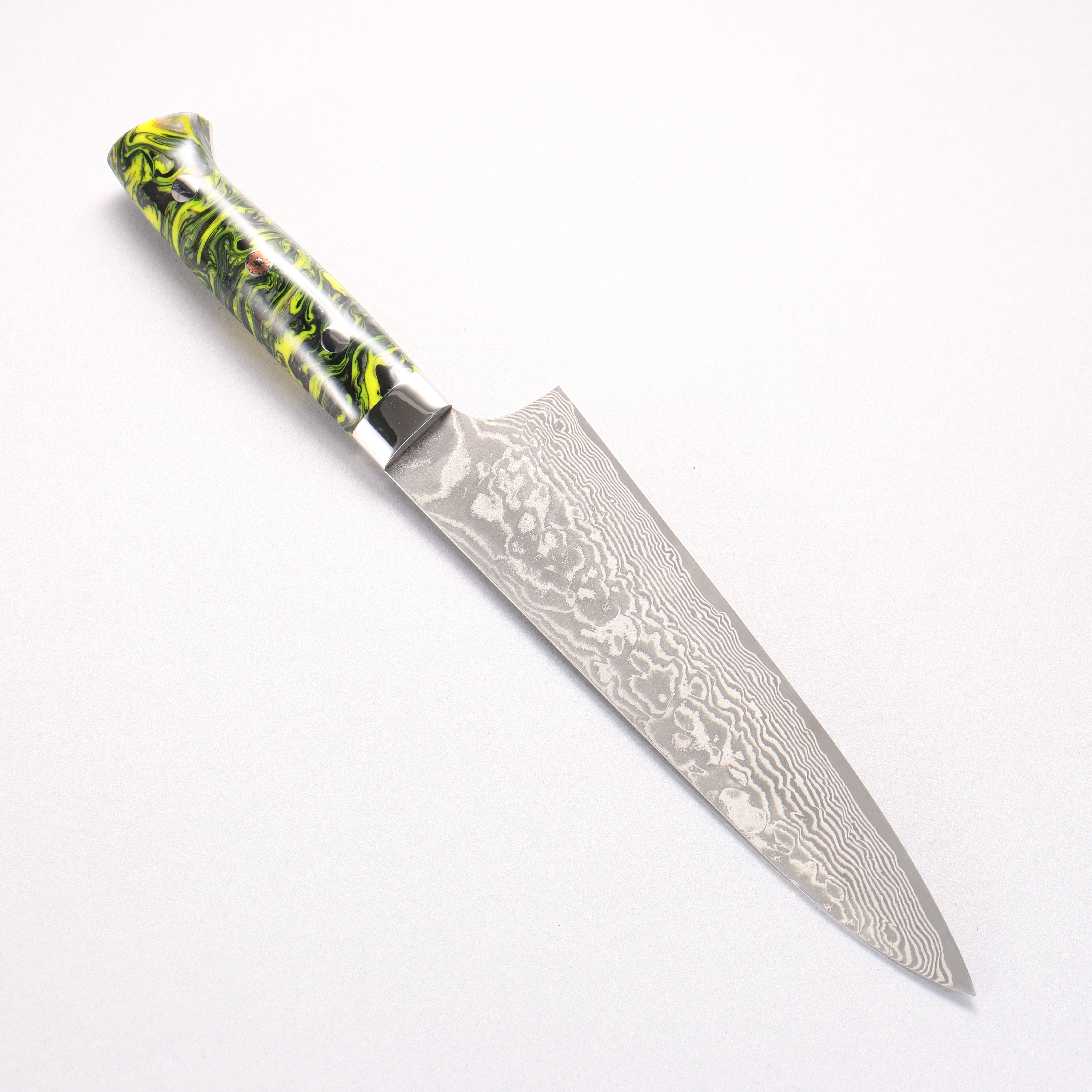 Takeshi Saji SG2 Black Damascus Gyuto 180mm Black and Yellow Marbled Acrylic Handle