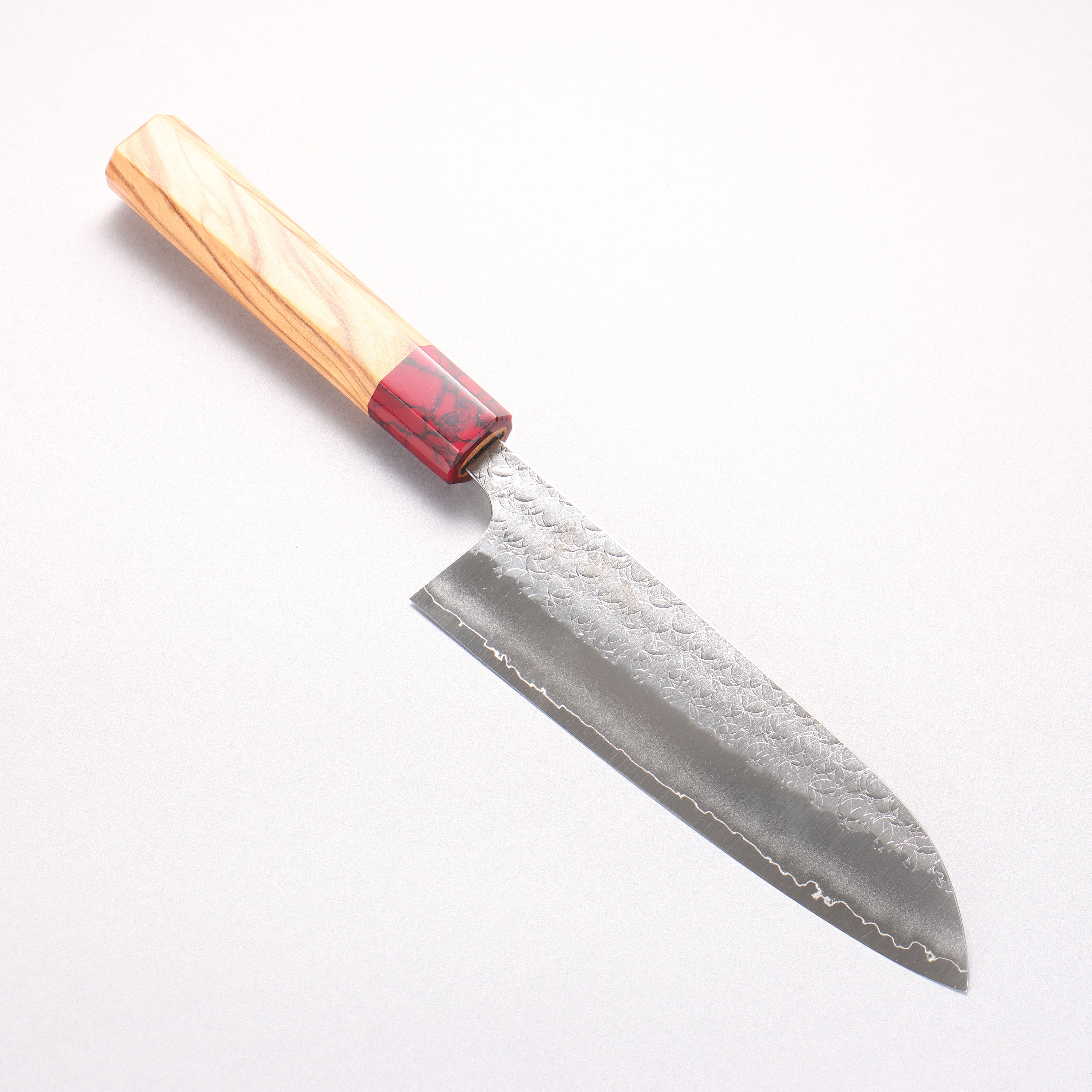 Yoshimi Kato Minamo SG2 Hammered Santoku 170mm Olive Tree (ferrule: Red Turquoise) Handle - Seisuke Knife