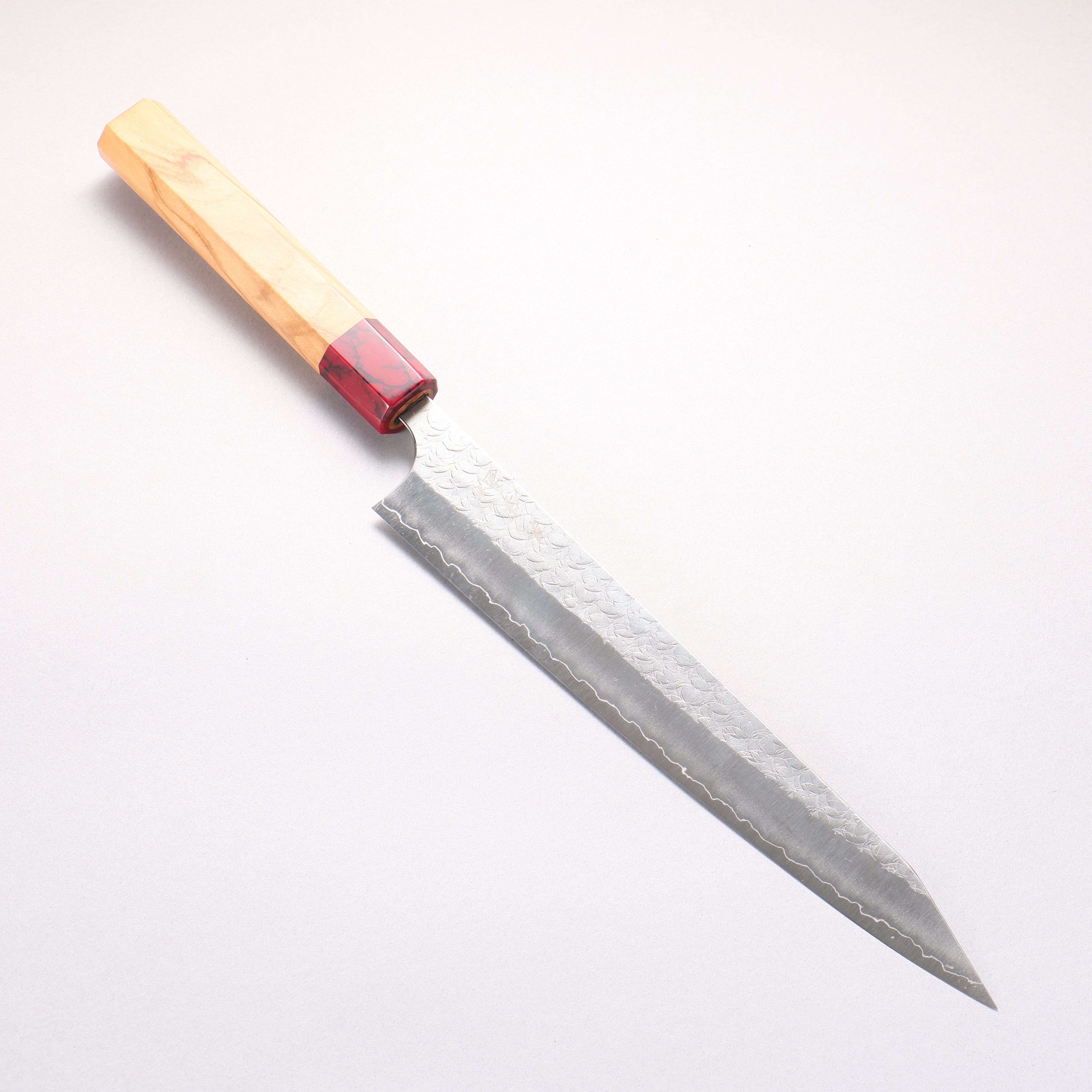Yoshimi Kato Minamo SG2 Hammered Kiritsuke Sujihiki 270mm Olive Tree (ferrule: Red Turquoise) Handle
