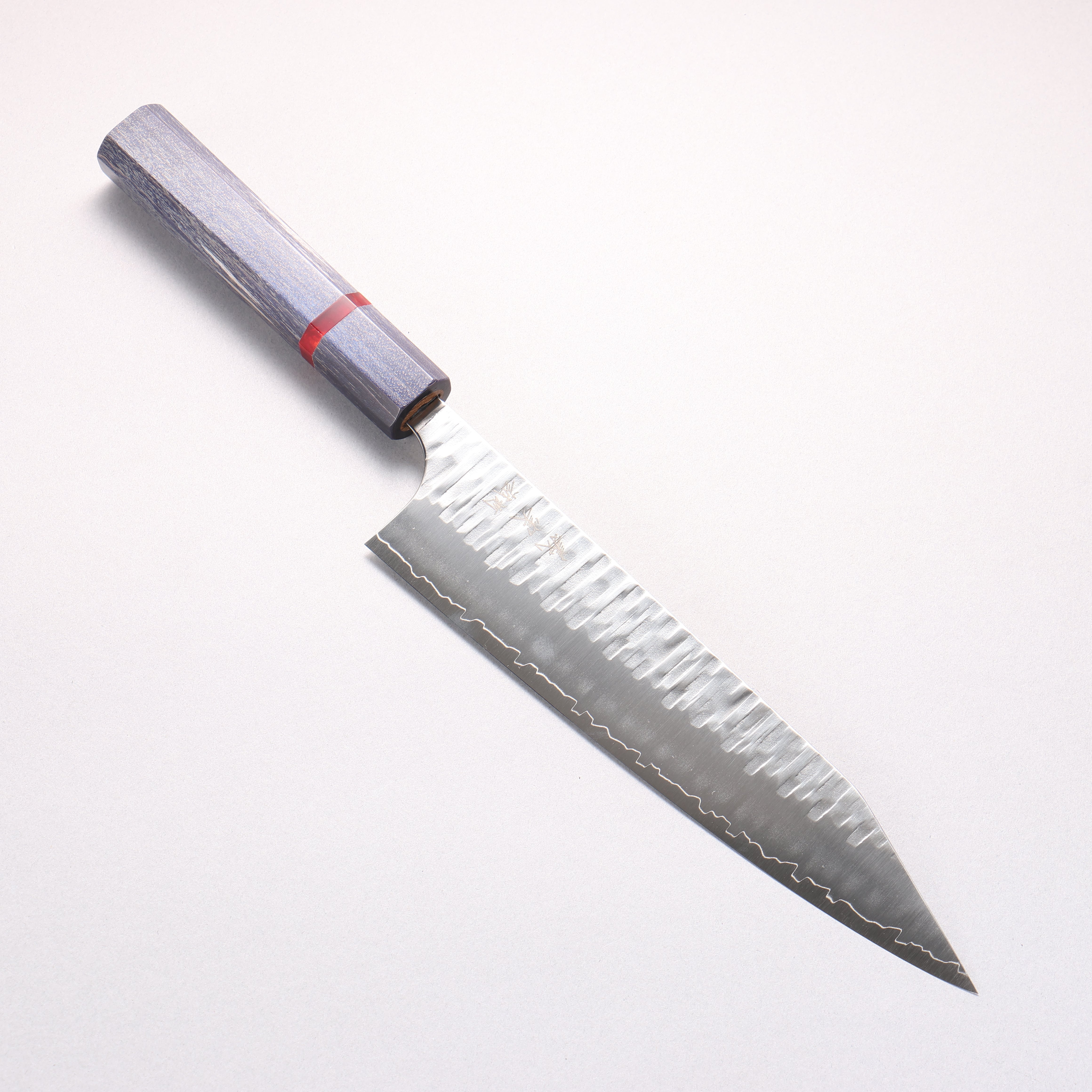 Yoshimi Kato Kasuri SPG STRIX Hammered Kiritsuke Gyuto 210mm Blue Stabilized Wood (With Red Ring) Handle