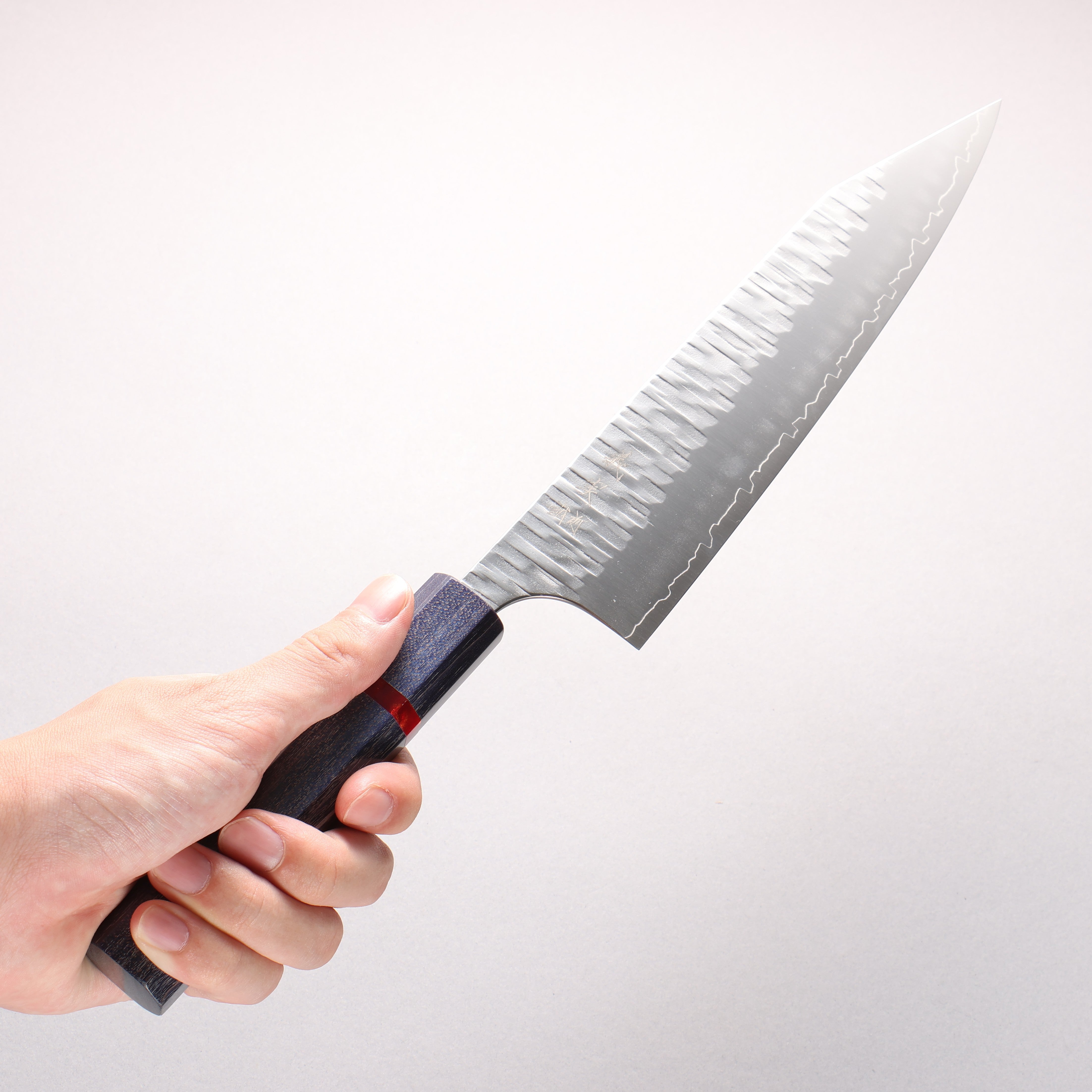 Yoshimi Kato Kasuri SPG STRIX Hammered Kiritsuke Gyuto 210mm Blue Stabilized Wood (With Red Ring) Handle