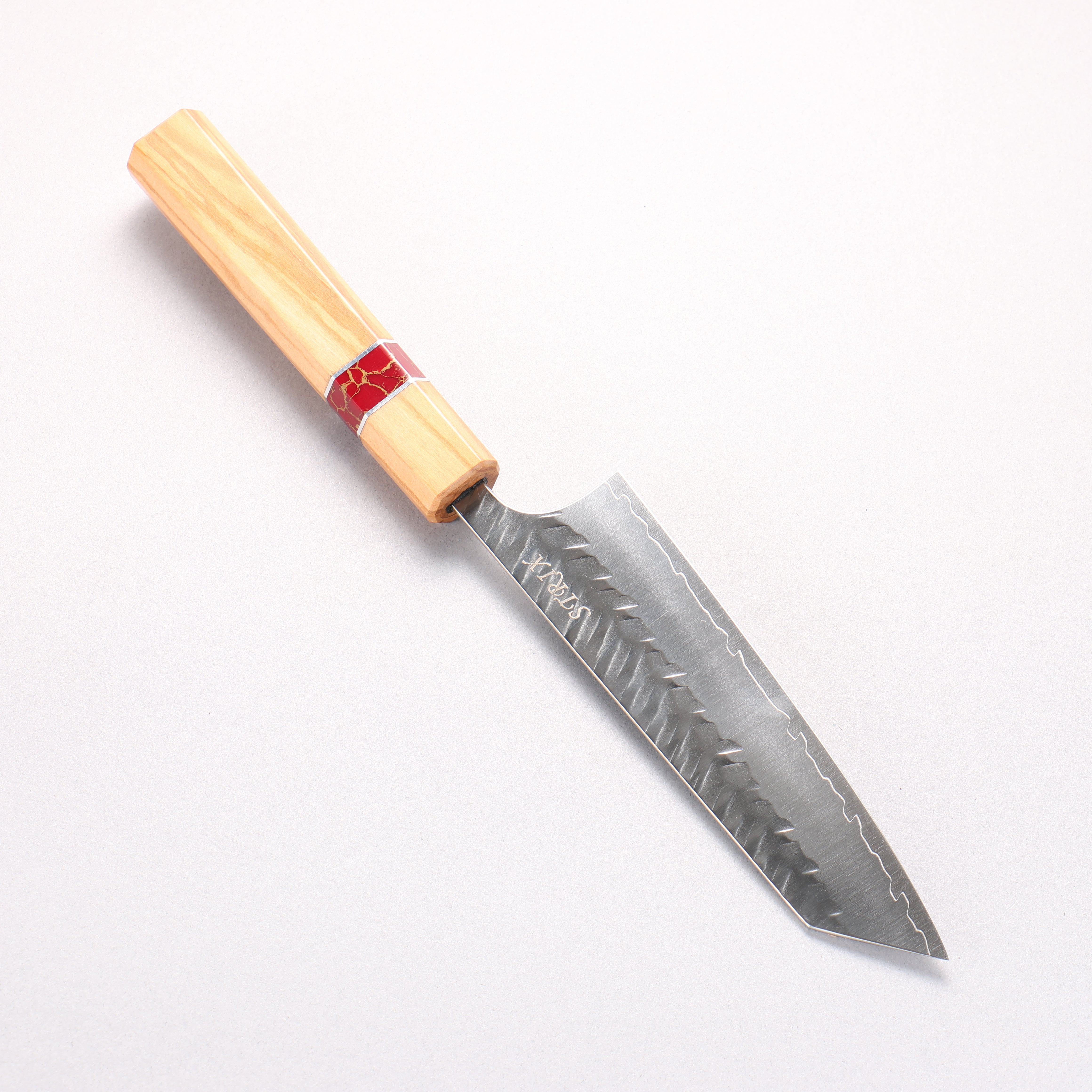 Yoshimi Kato SPG STRIX Hammered (V) Small Bunka 130mm Olive (Red Turquoise Ring) Handle - Seisuke Knife