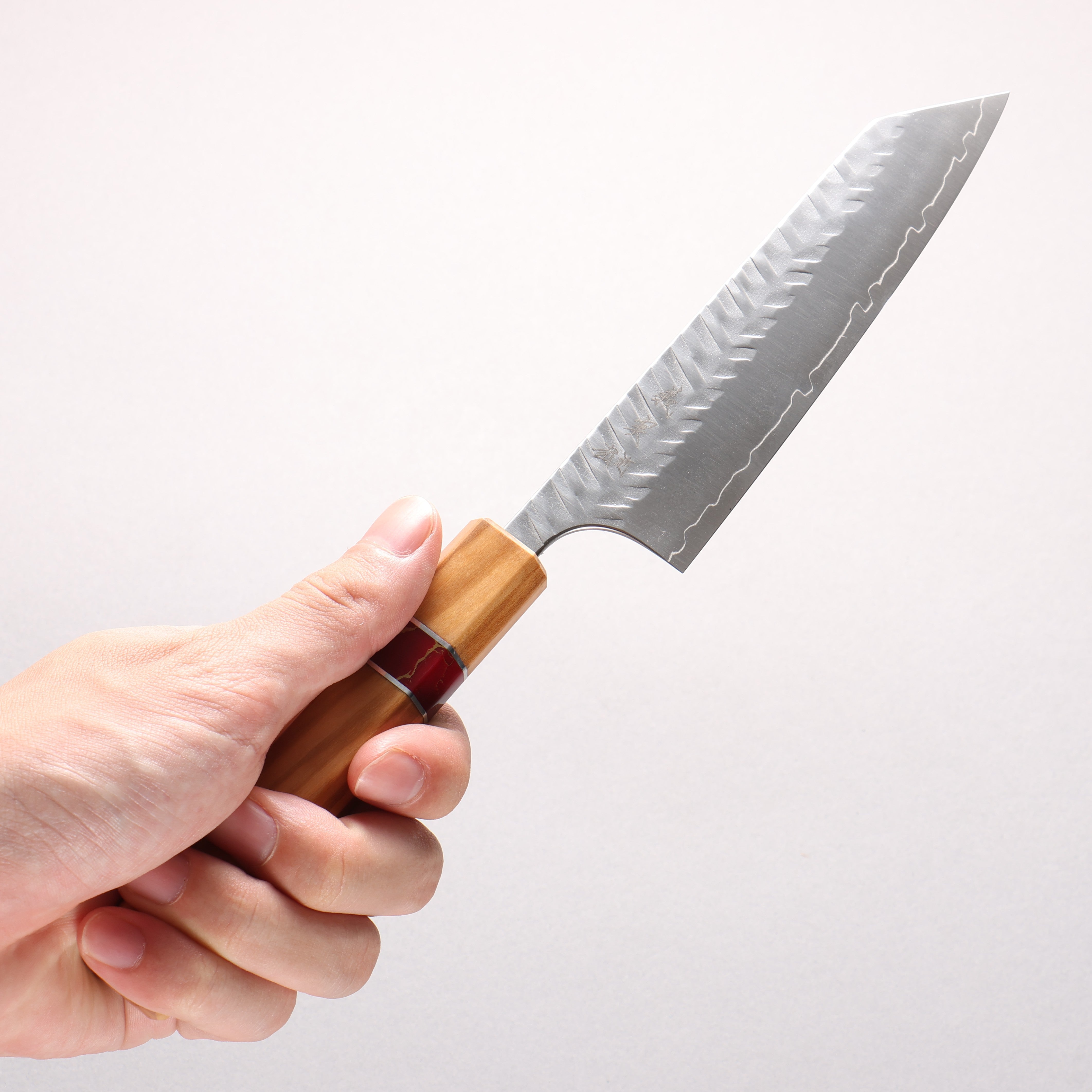 Yoshimi Kato SPG STRIX Hammered (V) Small Bunka 130mm Olive (Red Turquoise Ring) Handle - Seisuke Knife