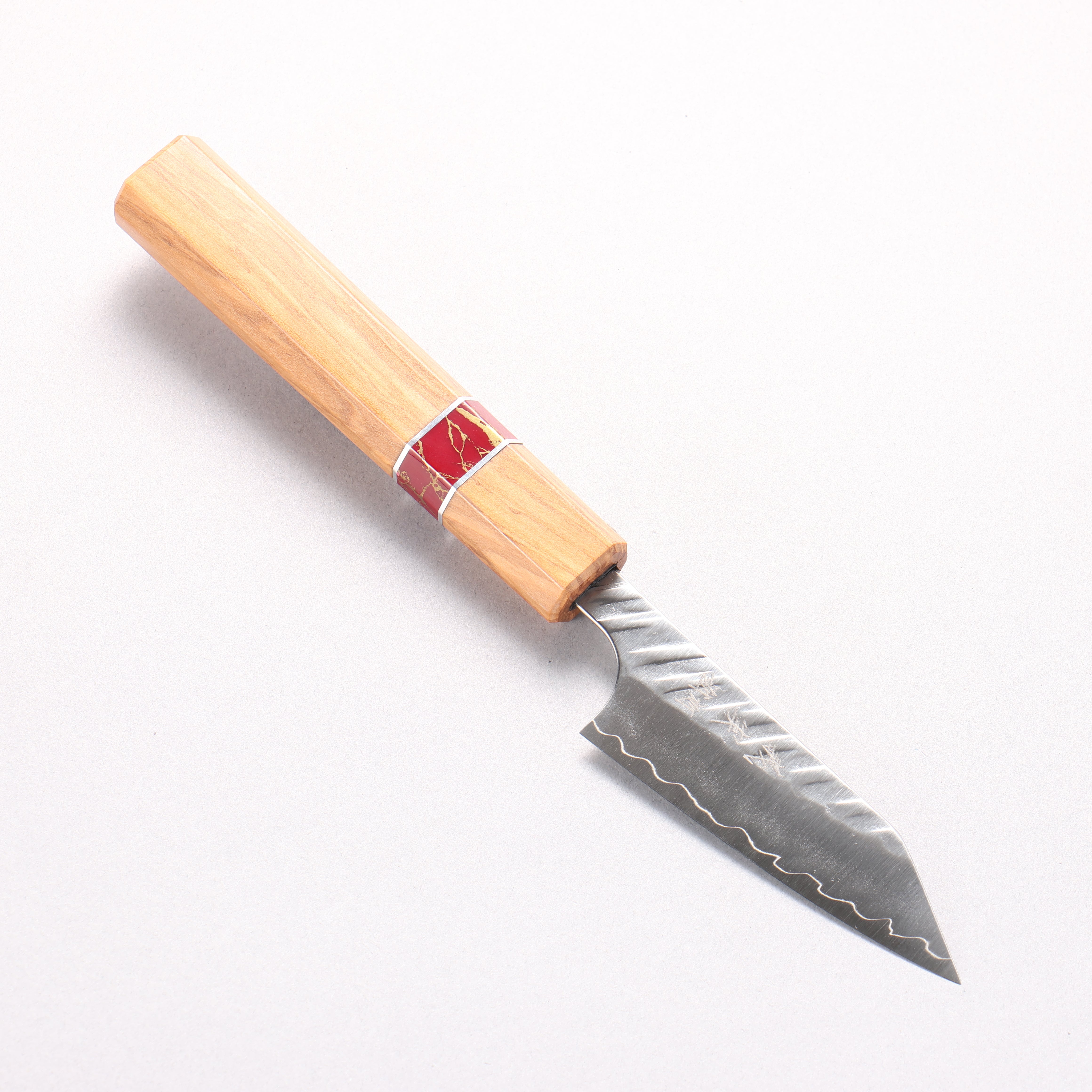 Yoshimi Kato SPG STRIX Hammered (V) Kiritsuke Paring 80mm Olive (Red Turquoise Ring) Handle