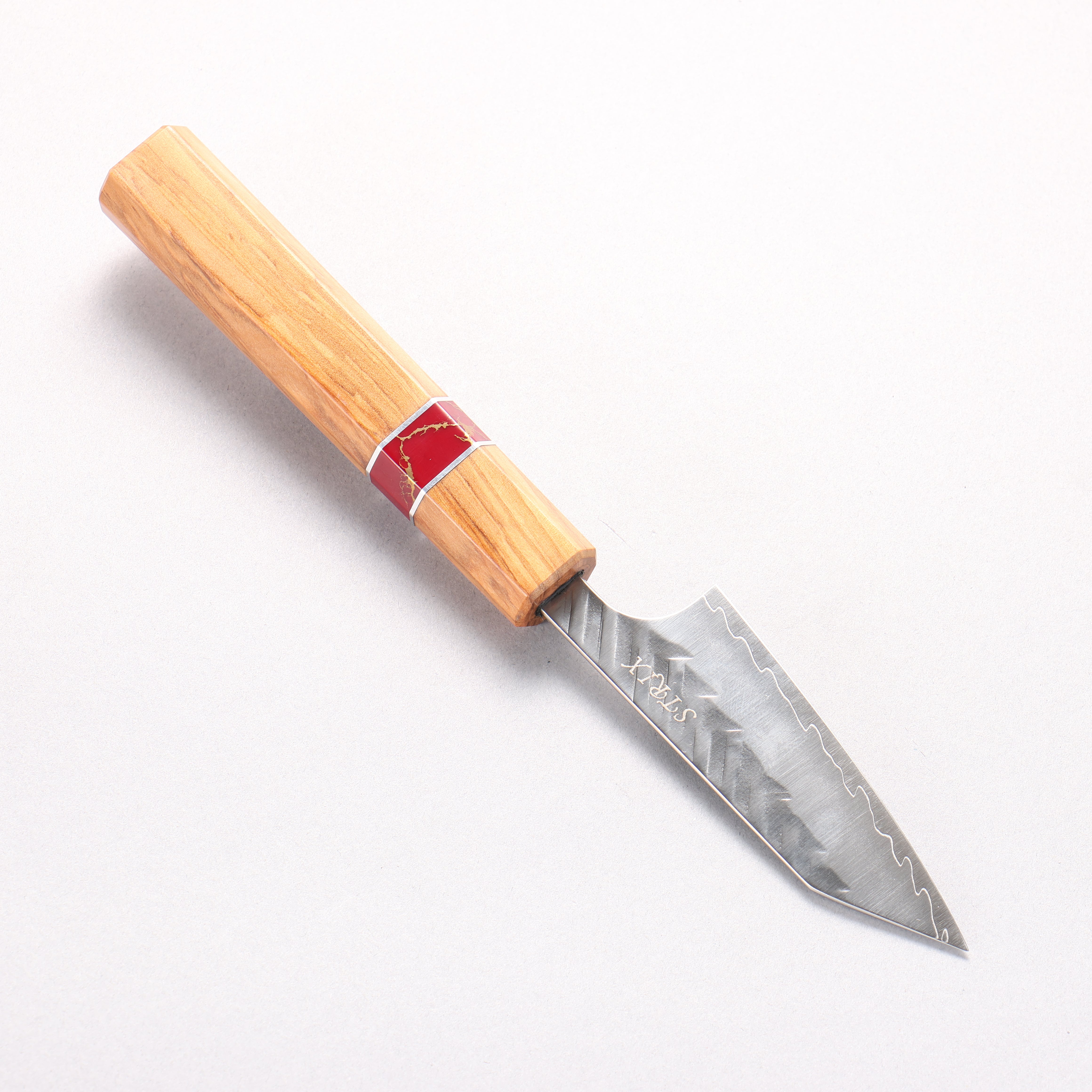 Yoshimi Kato SPG STRIX Hammered (V) Kiritsuke Paring 80mm Olive (Red Turquoise Ring) Handle