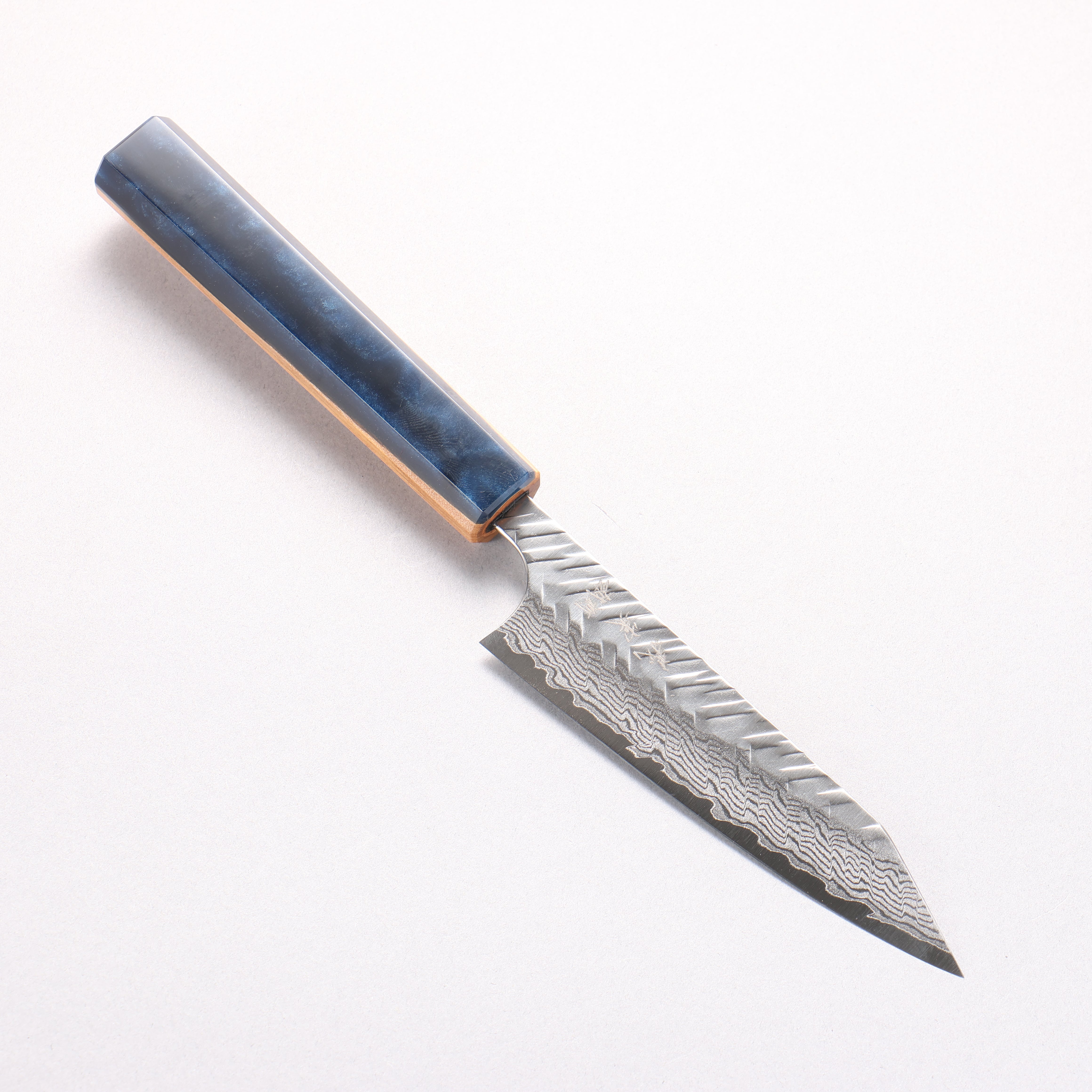 Yoshimi Kato VG-XEOS Damascus Hammered (V) Kiritsuke Petty-Utility 120mm Olive Tree and Blue Resin Handle