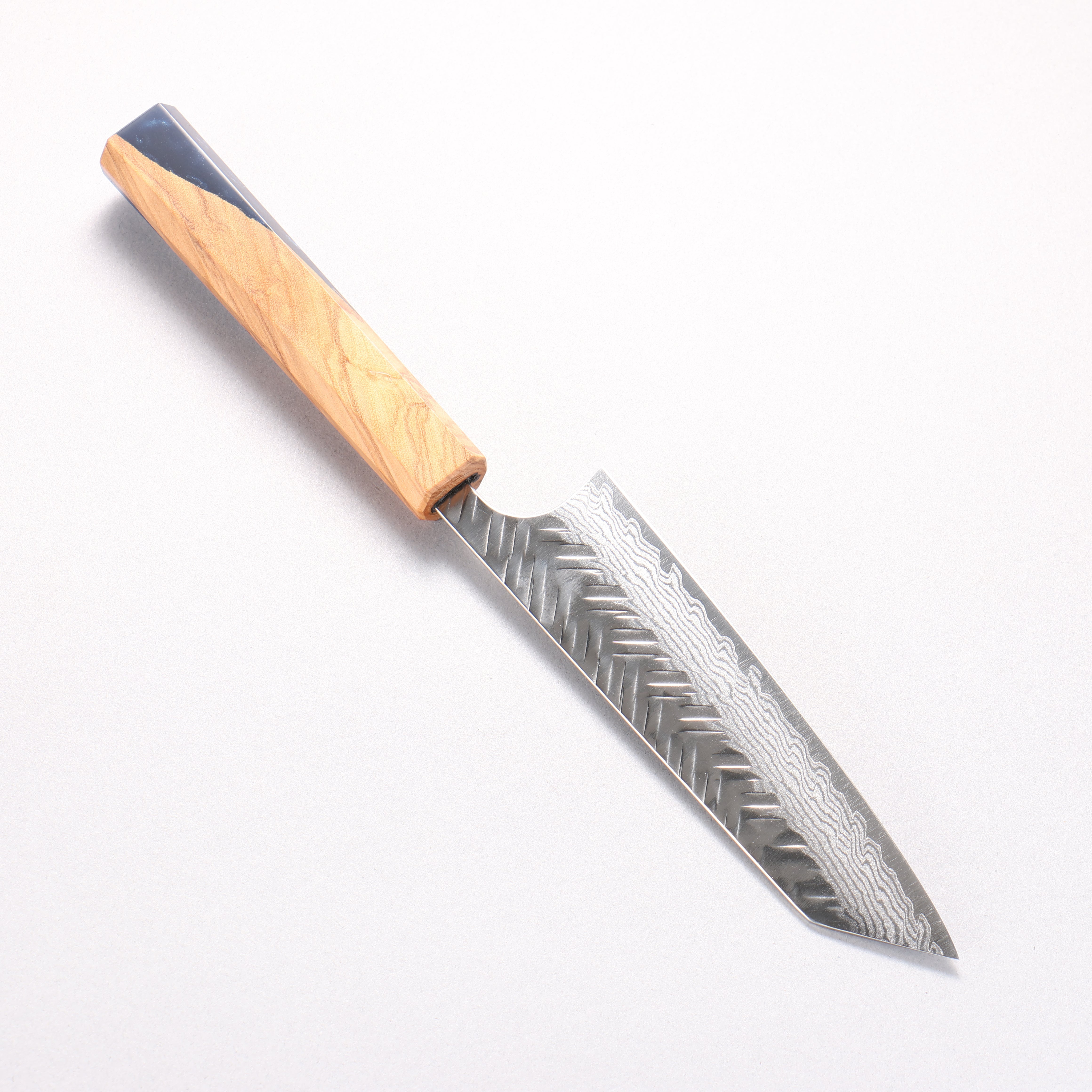 Yoshimi Kato VG-XEOS Damascus Hammered (V) Small Bunka 130mm Olive Tree and Blue Resin Handle