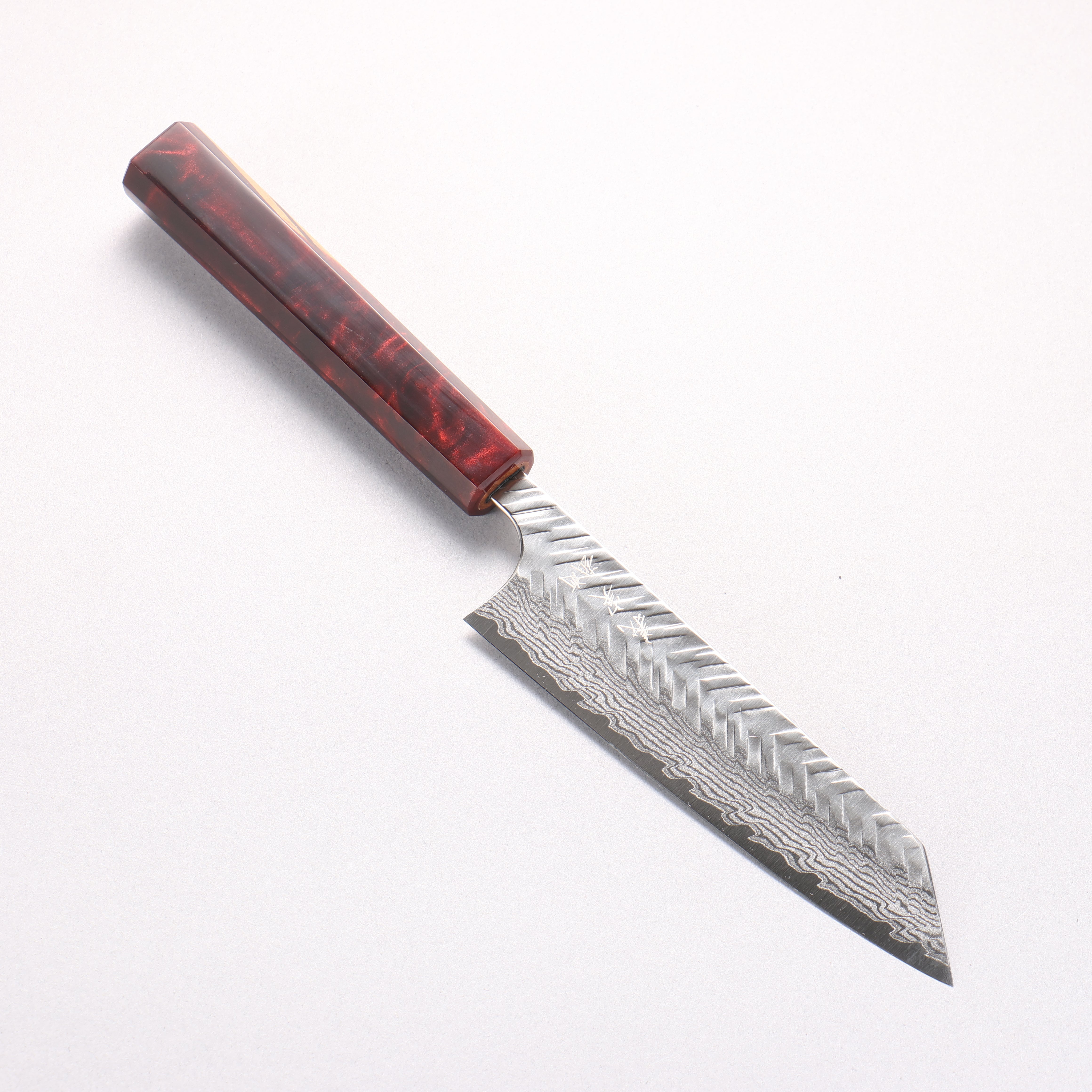Yoshimi Kato VG-XEOS Damascus Hammered (V) Small Bunka 130mm Olive Tree and Red Resin Handle