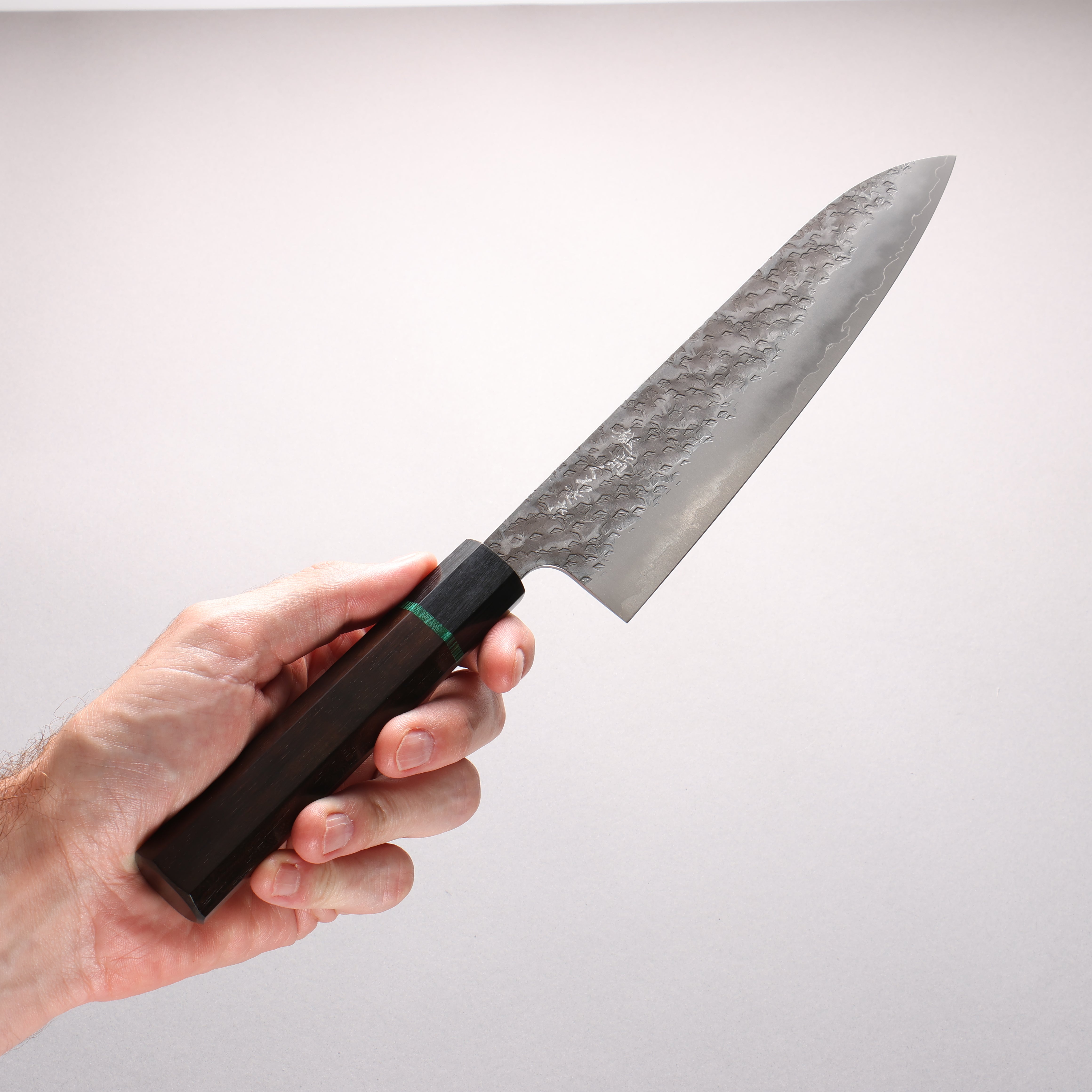 Makoto Kurosaki Wise Wild Owl SPG STRIX Black Finished Hammered Gyuto 210mm Ebony Wood (ferrule: Black Pakka Wood And Green Ring) Handle - Seisuke Knife