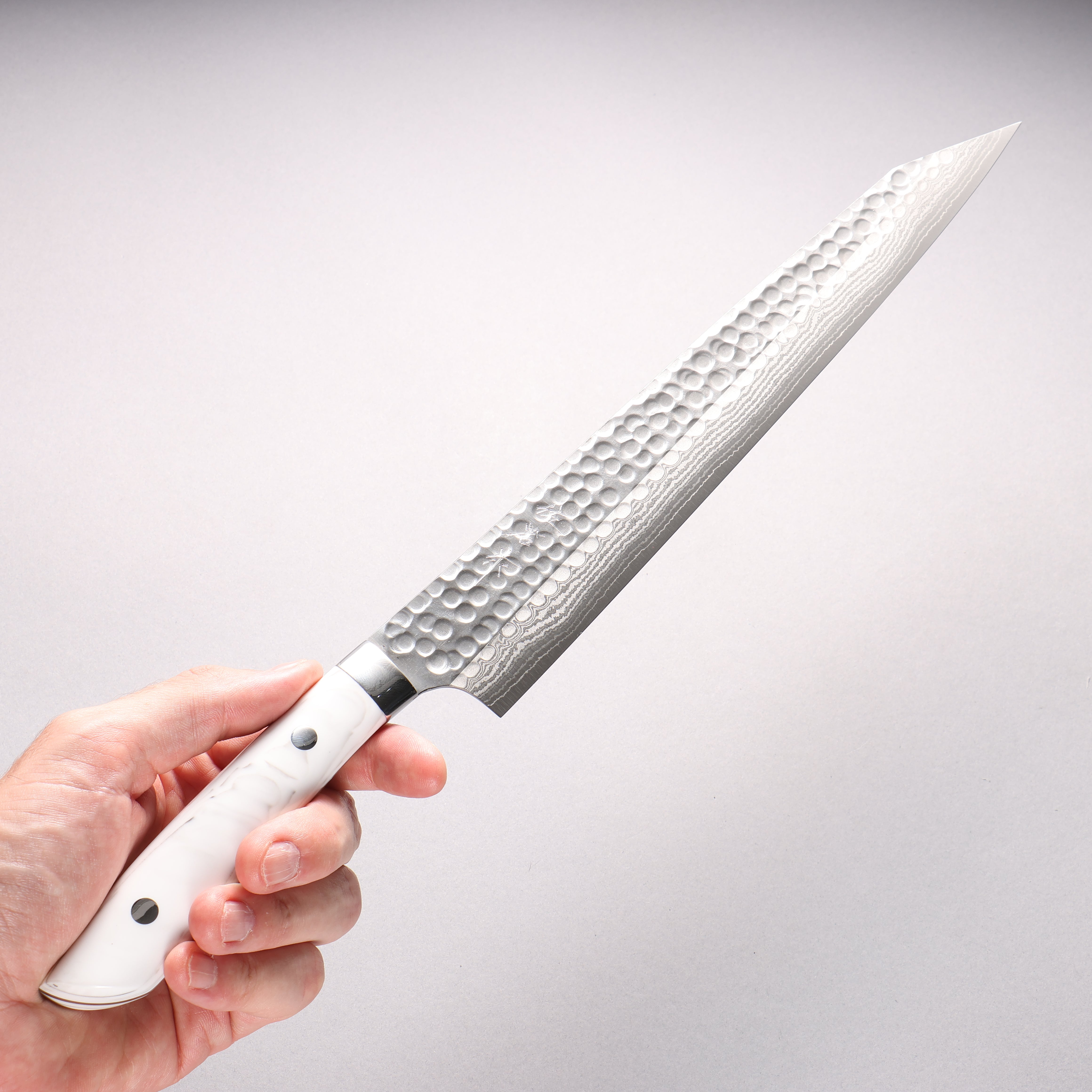 Takeshi Saji SRS13 Damascus Hammered(Maru) Kiritsuke Sujihiki 270mm Corian (Cloud pattern) Handle