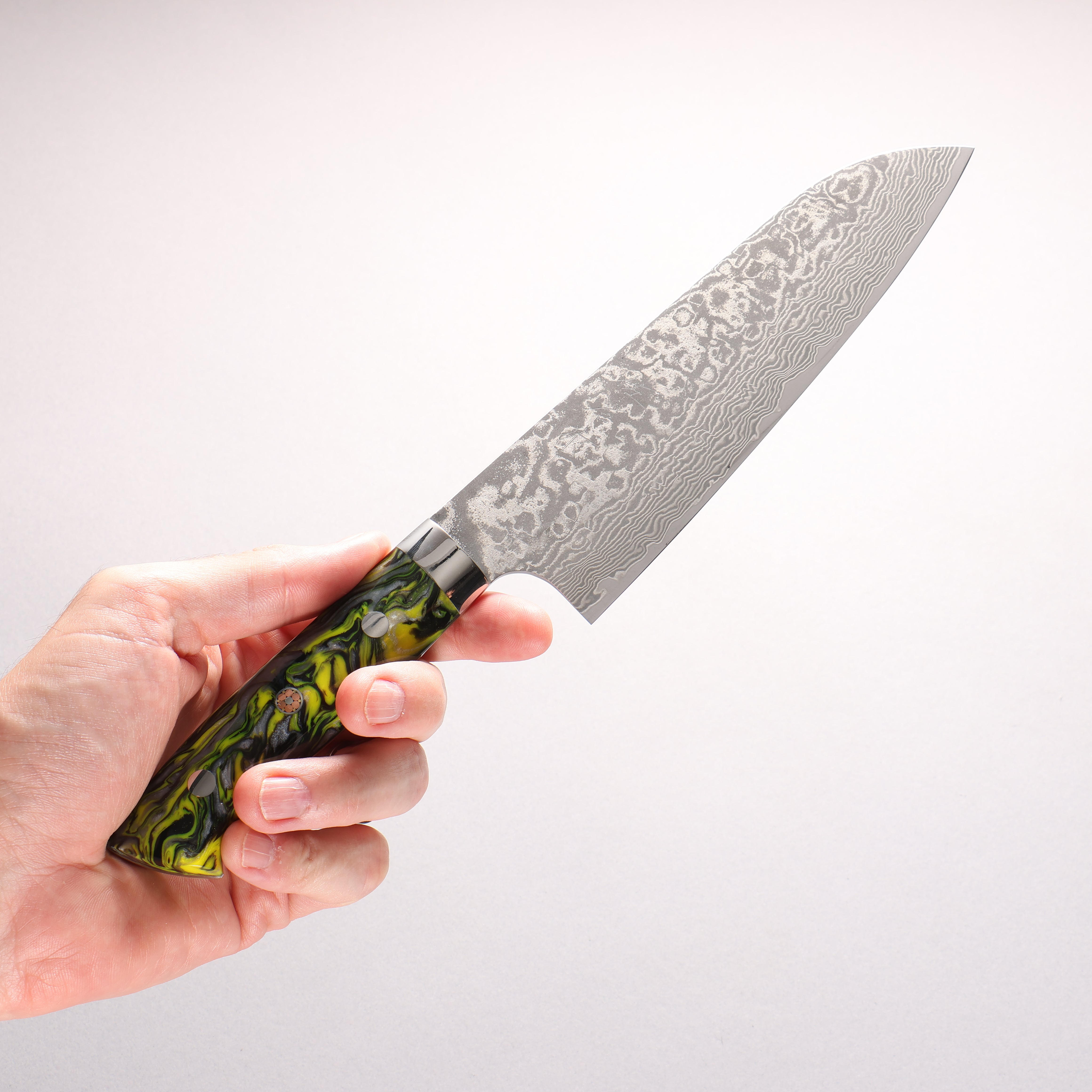 Takeshi Saji SG2 Black Damascus Santoku 180mm Black and Yellow Marbled Acrylic Handle