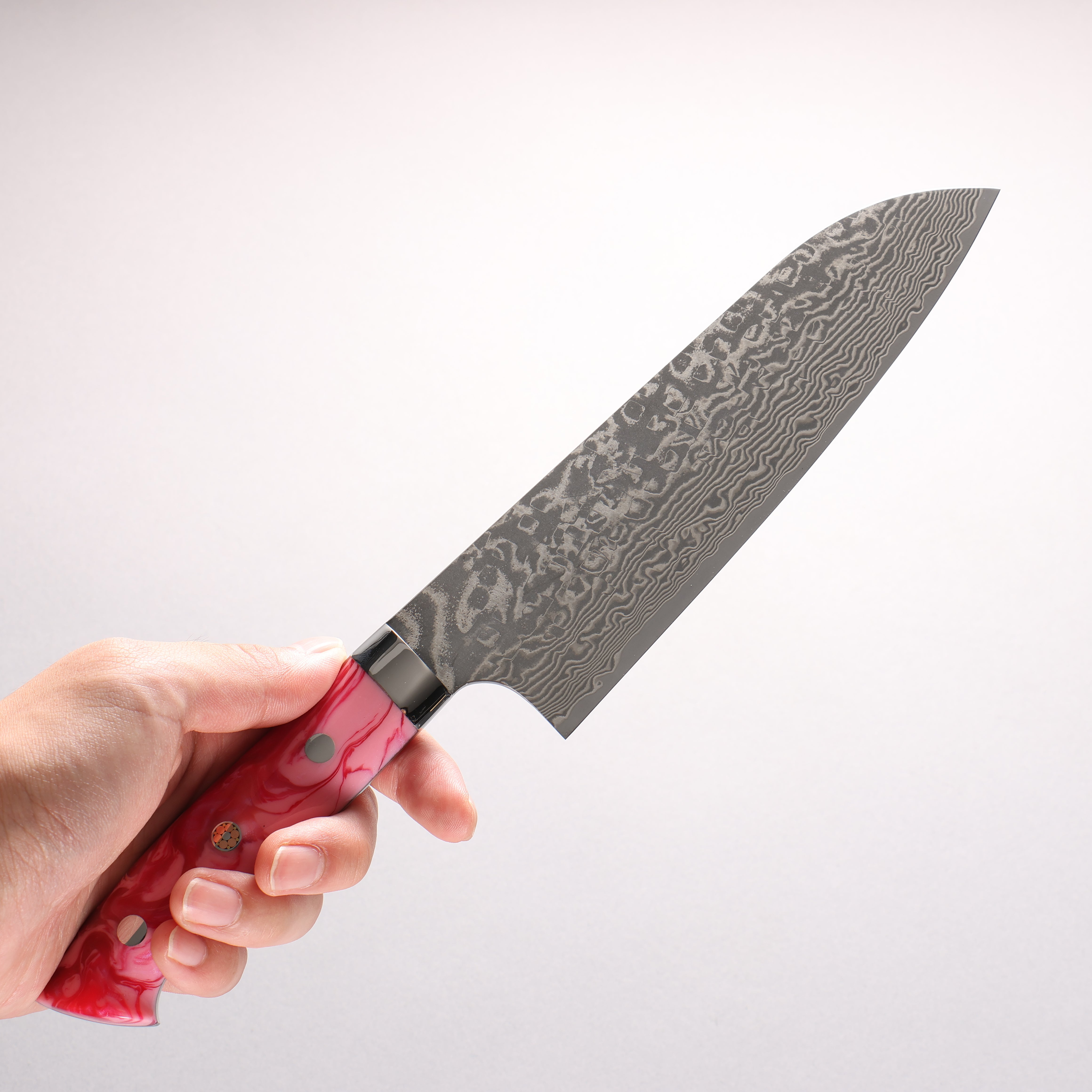 Takeshi Saji SG2 Black Damascus Santoku 180mm Pink Marble Acrylic Handle