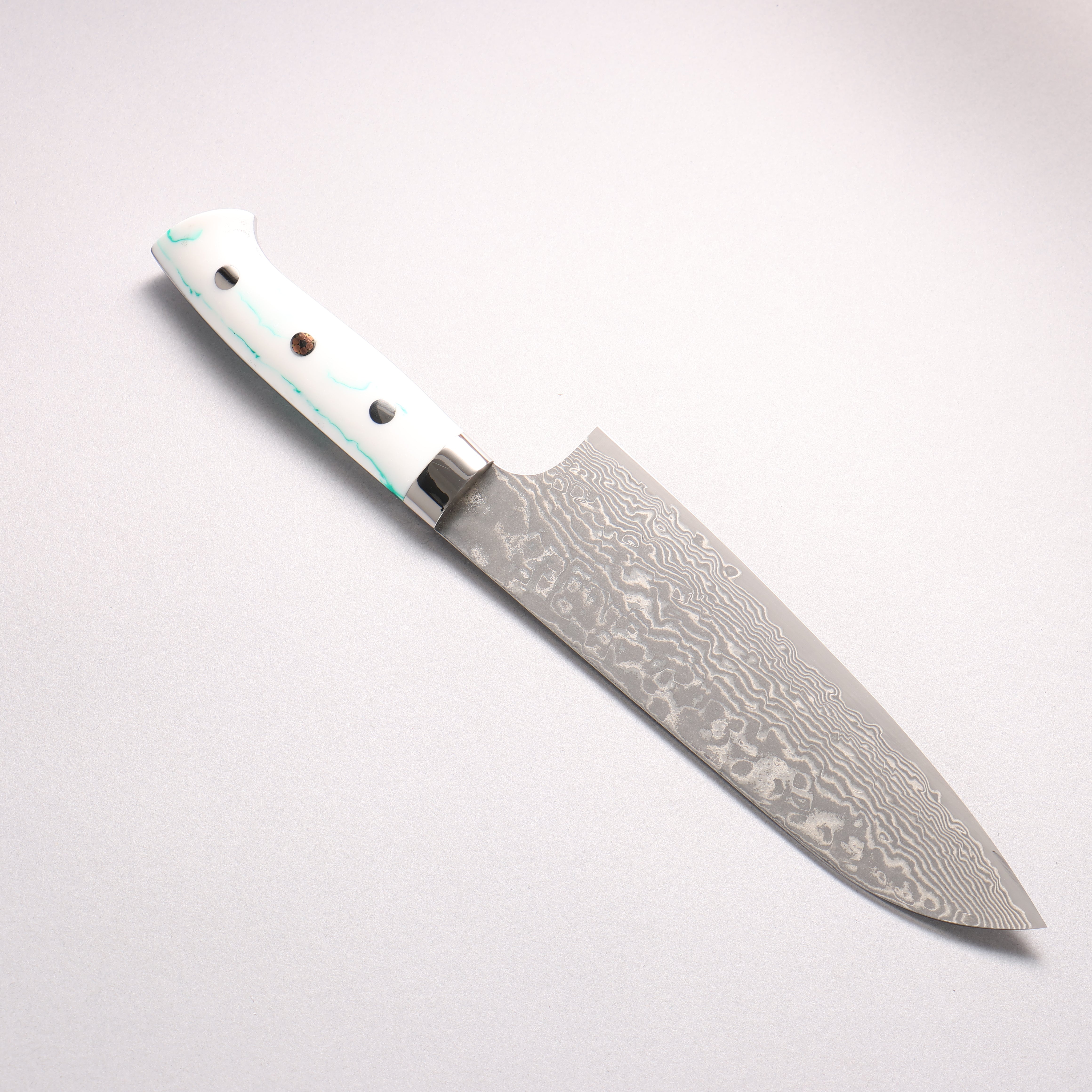 Takeshi Saji SG2 Black Damascus Santoku 180mm White and Indigo Marbled Acrylic Handle