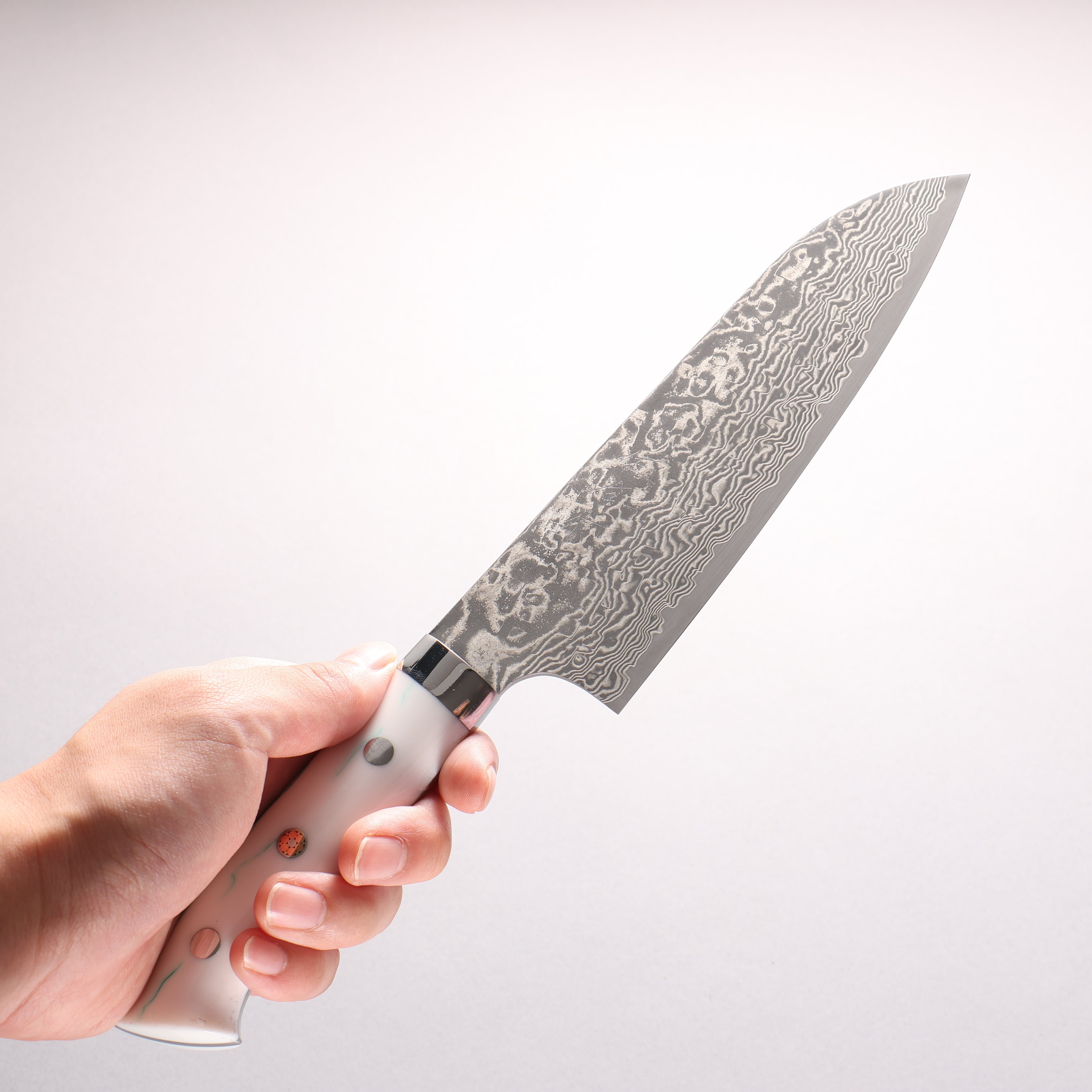 Takeshi Saji SG2 Black Damascus Santoku 180mm White and Indigo Marbled Acrylic Handle