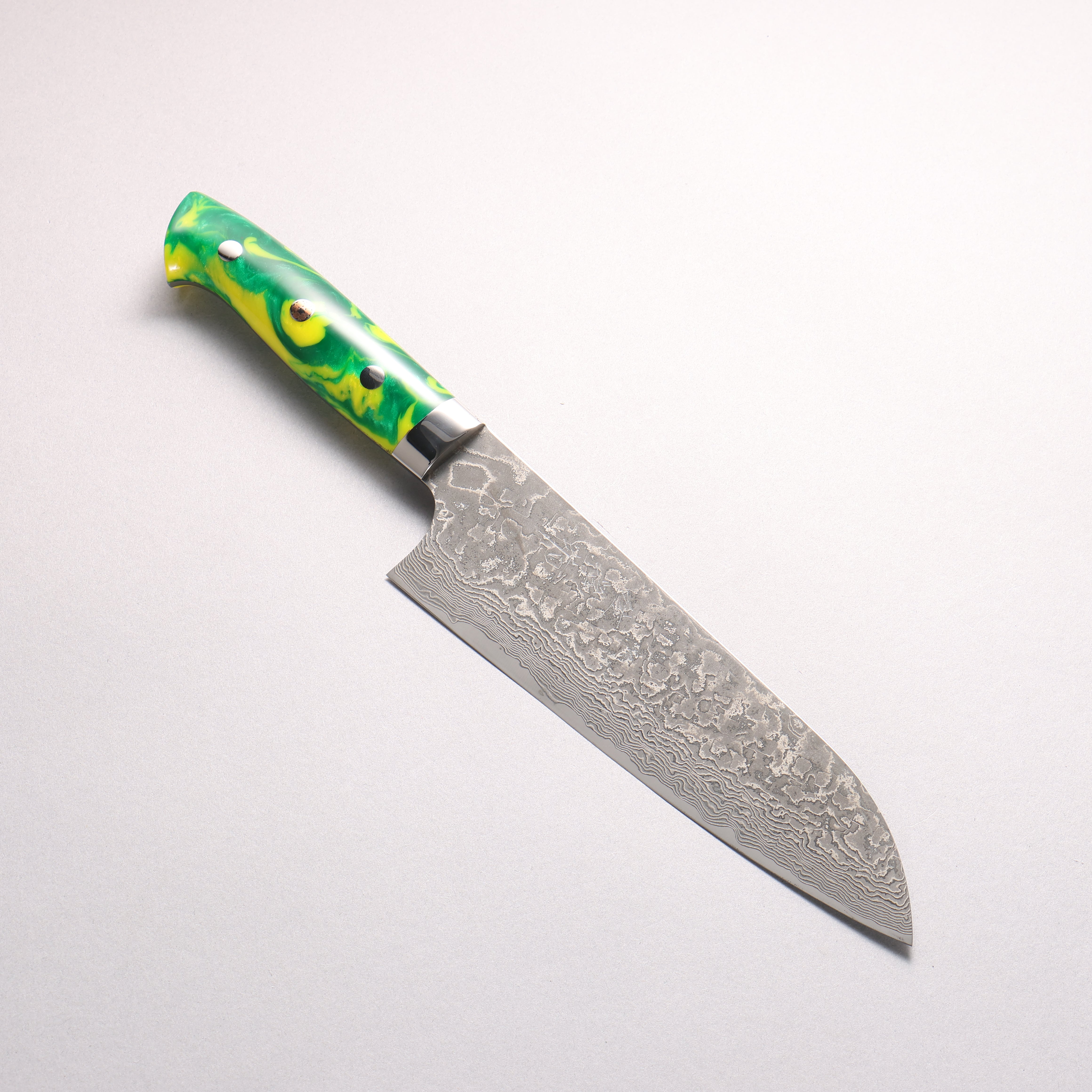 Takeshi Saji SG2 Black Damascus Santoku 180mm Green Yellow Acrylic Handle