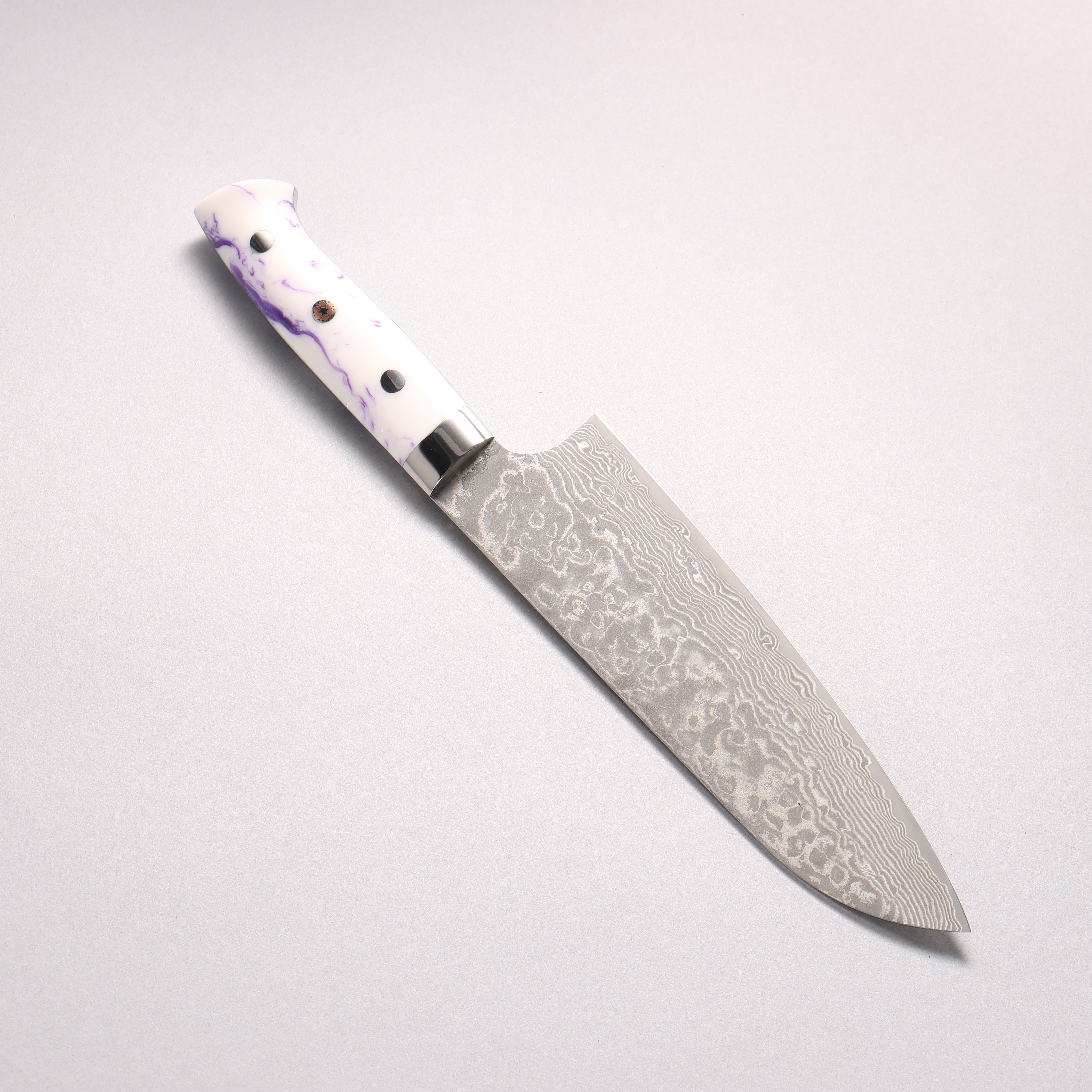 Takeshi Saji SG2 Black Damascus Santoku 180mm Purple and White Marble Acrylic Handle