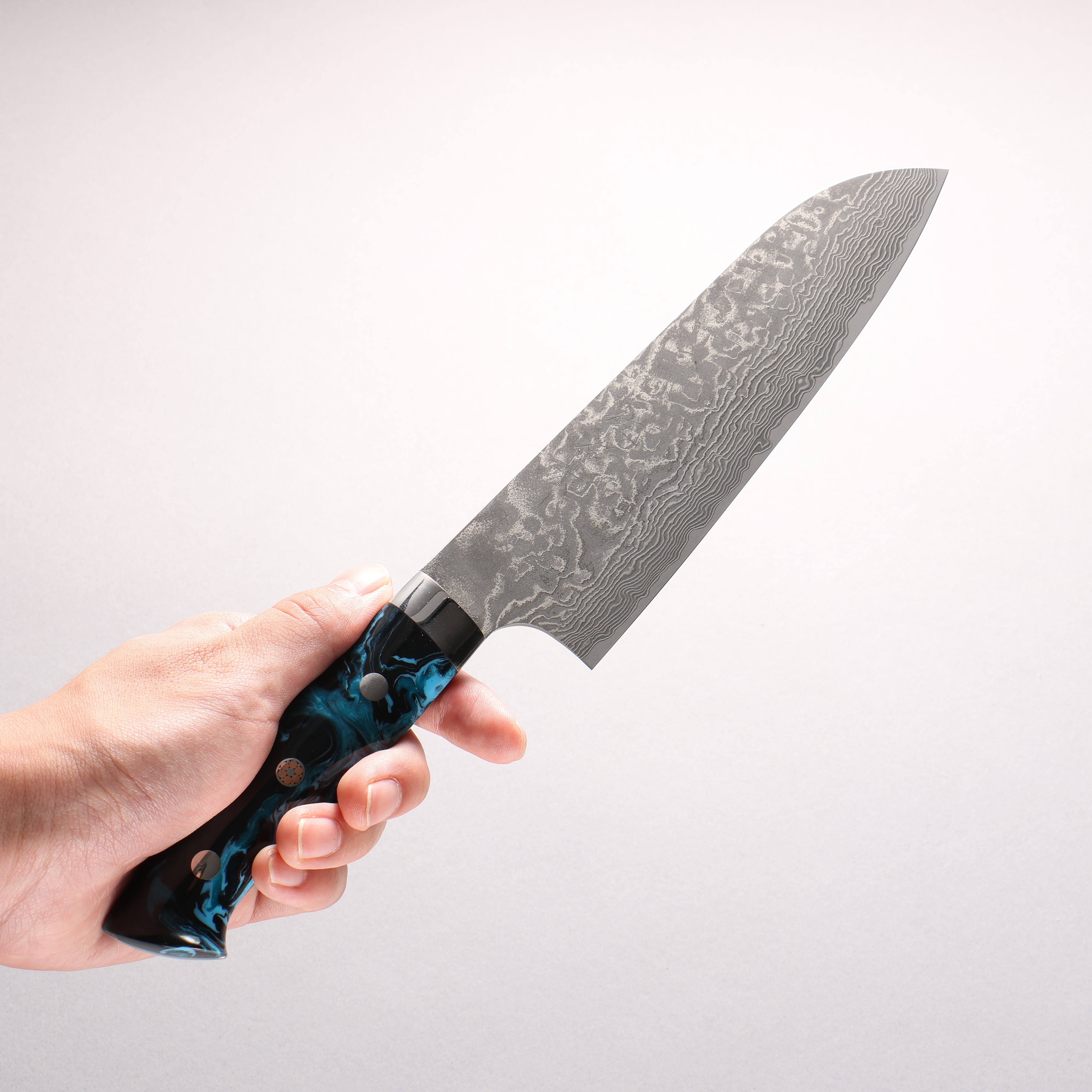 Takeshi Saji SG2 Black Damascus Santoku 180mm Black and Blue Marbled Acrylic Handle
