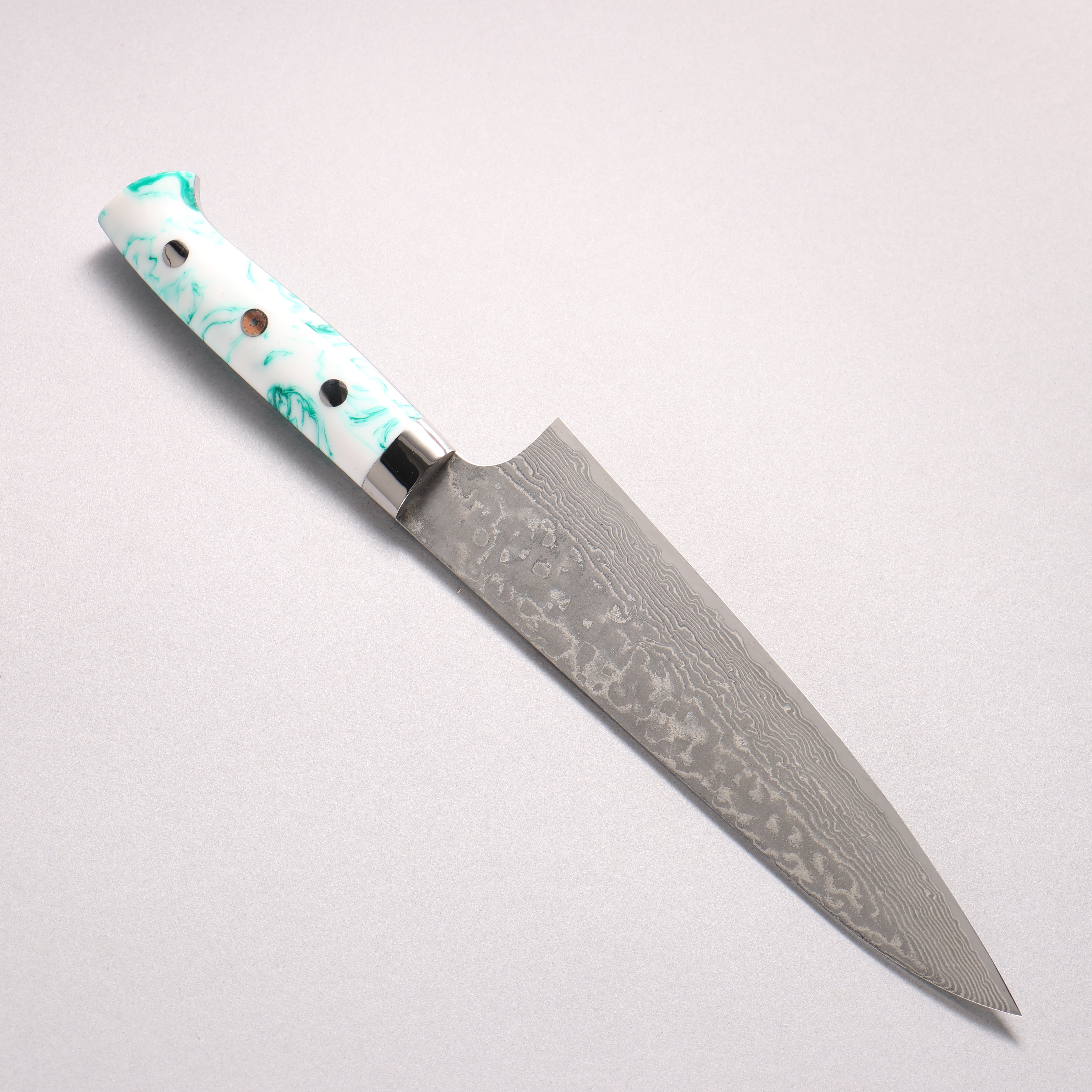 Takeshi Saji SG2 Black Damascus Gyuto 180mm White and Indigo Marbled Acrylic Handle