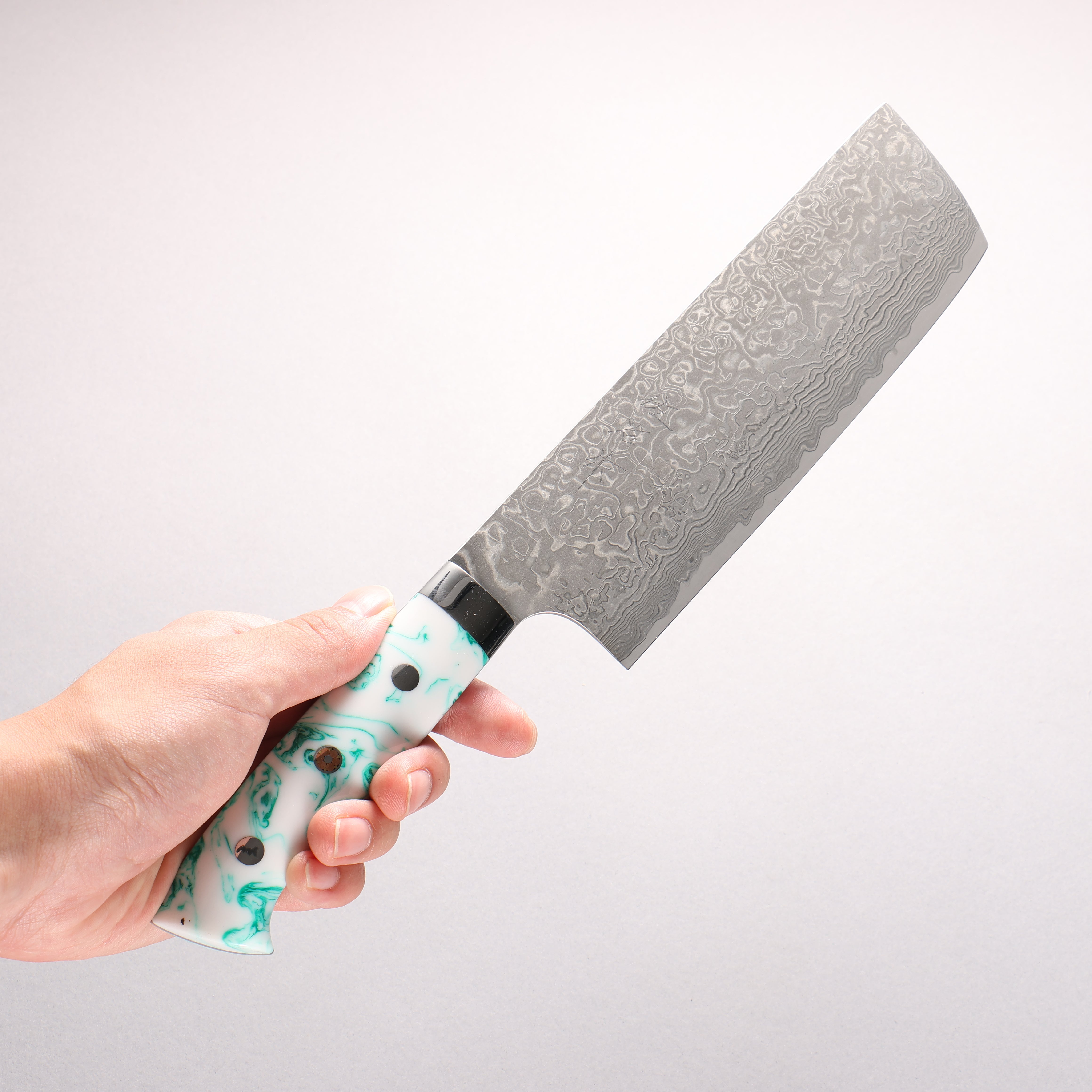 Takeshi Saji SG2 Black Damascus Nakiri 165mm White and Indigo Marbled Acrylic Handle