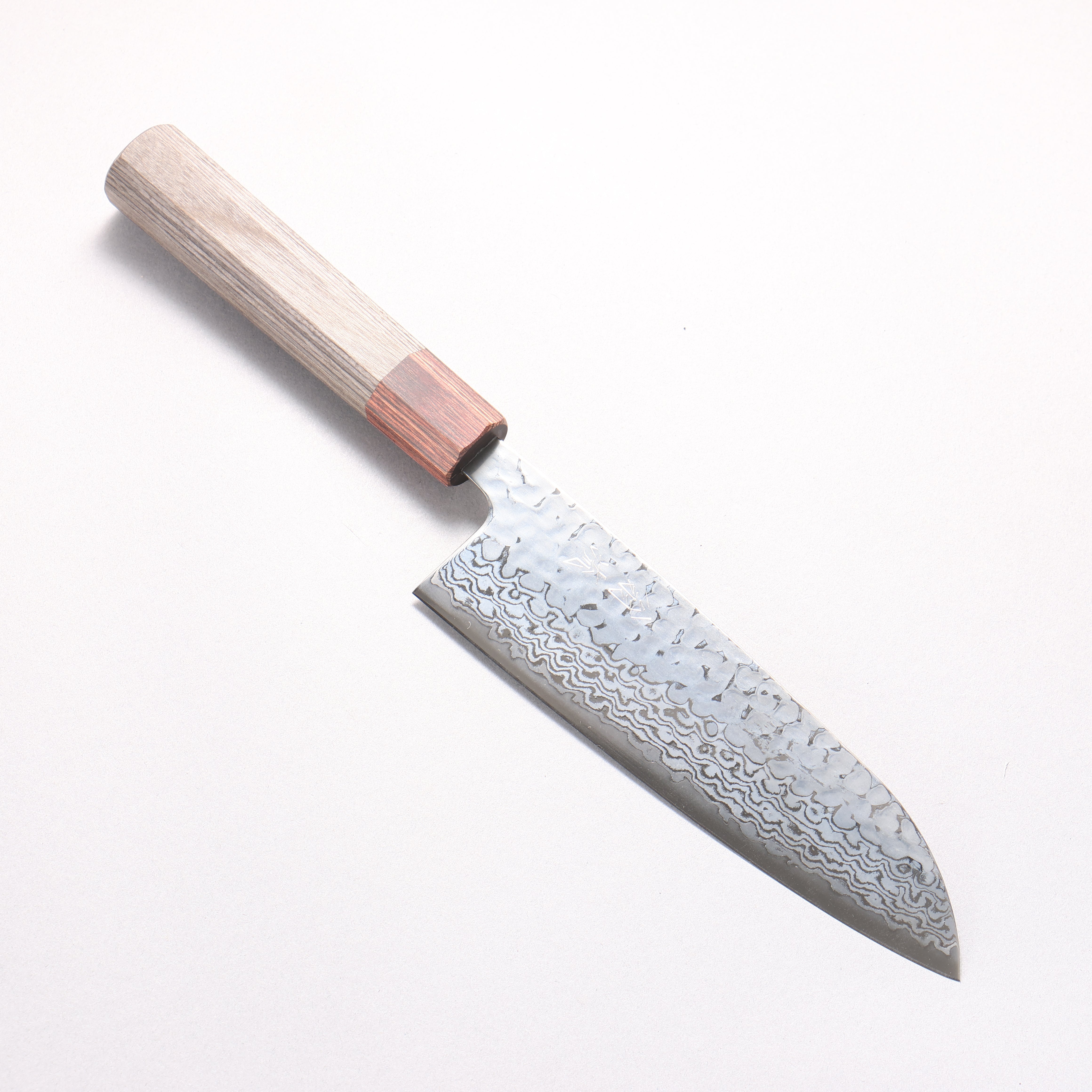 Oul Silver Steel No.3 Hammered Damascus Moon White Santoku 165mm Charcoal Gray Pakka wood Handle