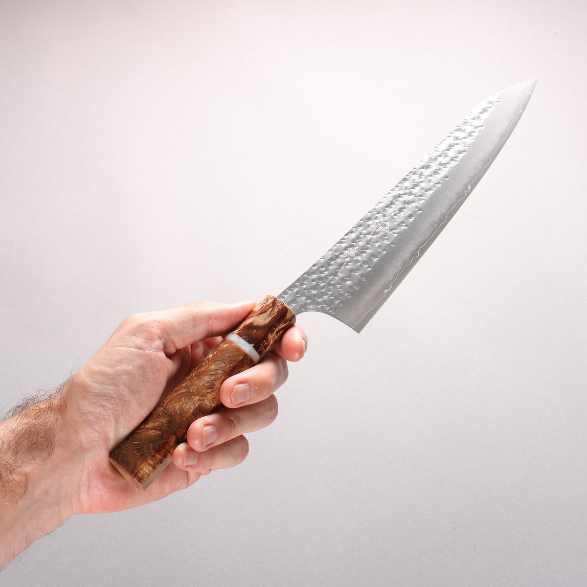 Yu Kurosaki Senko SG2 Hammered Gyuto 210mm Brown Stabilized Wood (White Ring) Handle