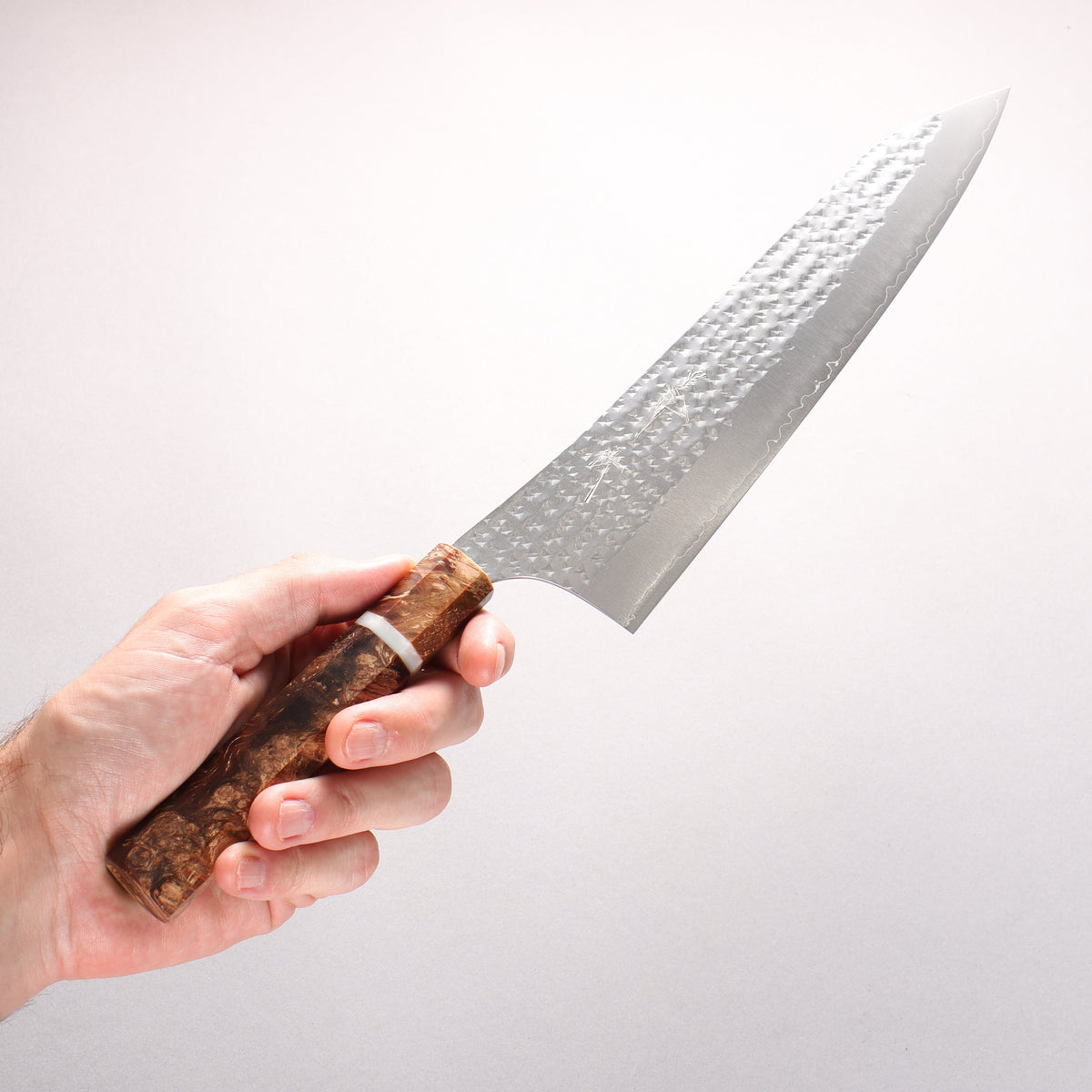 Yu Kurosaki Senko SG2 Hammered Gyuto 240mm Brown Stabilized Wood (White Ring) Handle