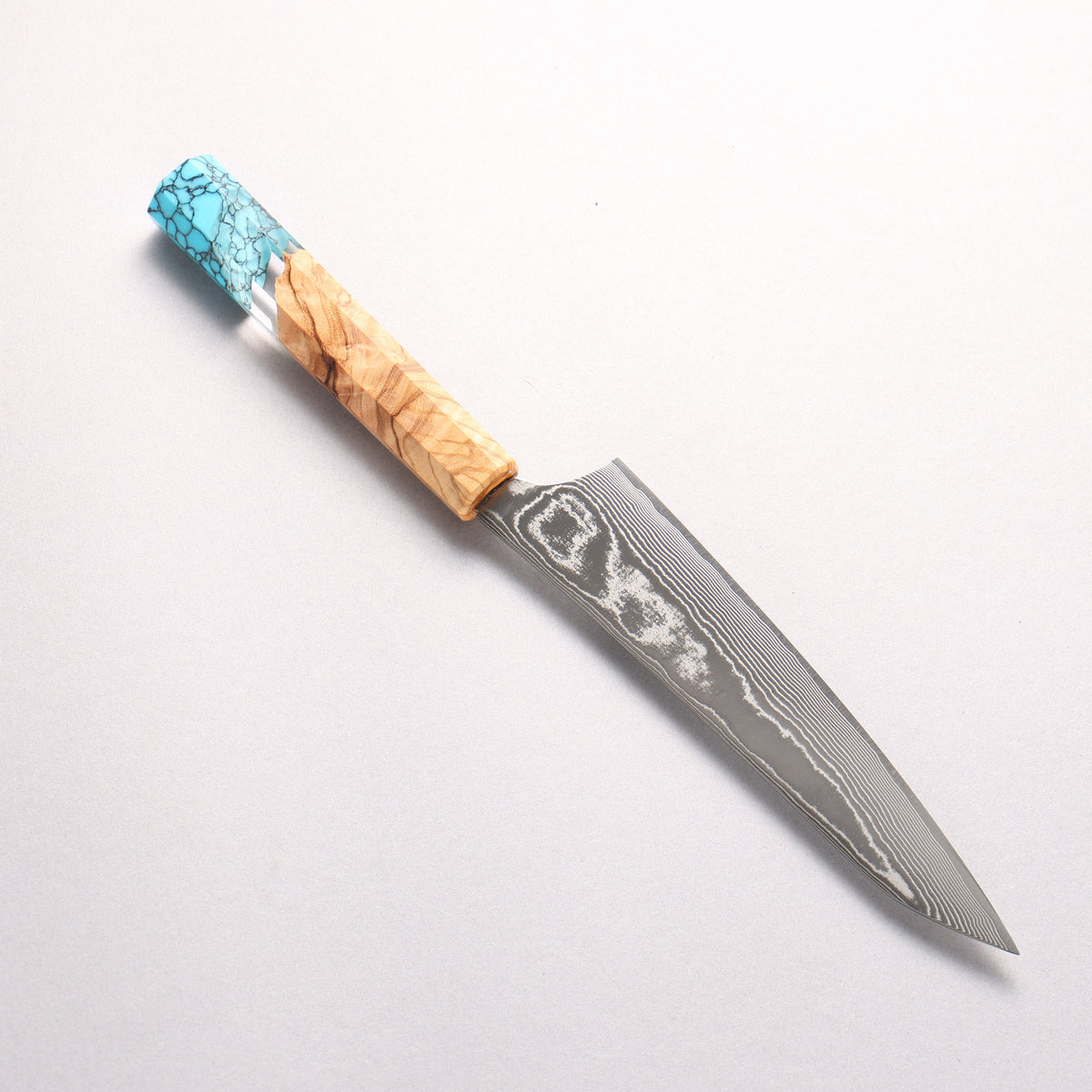 Yu Kurosaki Suiun SG2 Damascus Petty-Utility 150mm Olive Tree Clear Resin And Turquoise Handle