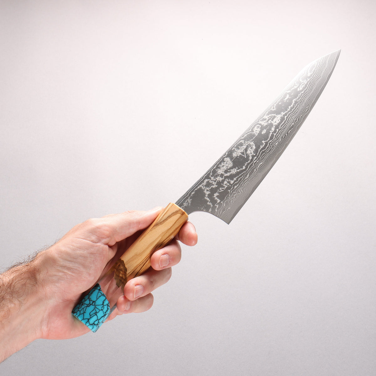 Yu Kurosaki Suiun SG2 Damascus Gyuto 210mm Olive Tree Clear Resin And Turquoise Handle