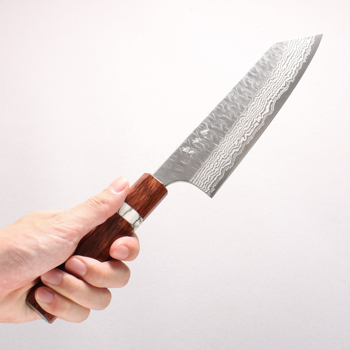 Yoshimi Kato Nami VG-XEOS Hammered Damascus Bunka 170mm Rosewood (White Turquoise Ring) Handle - Seisuke Knife